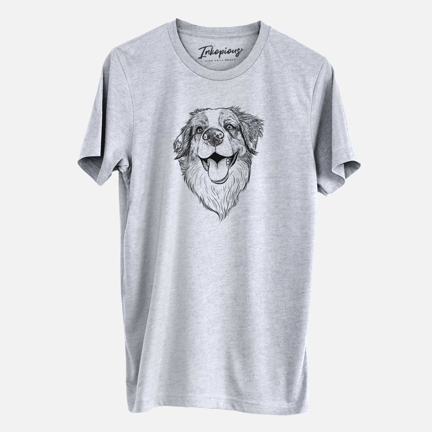 Hand-drawn sketch of Mila the Australian Shepherd on a Grey Unisex crewneck