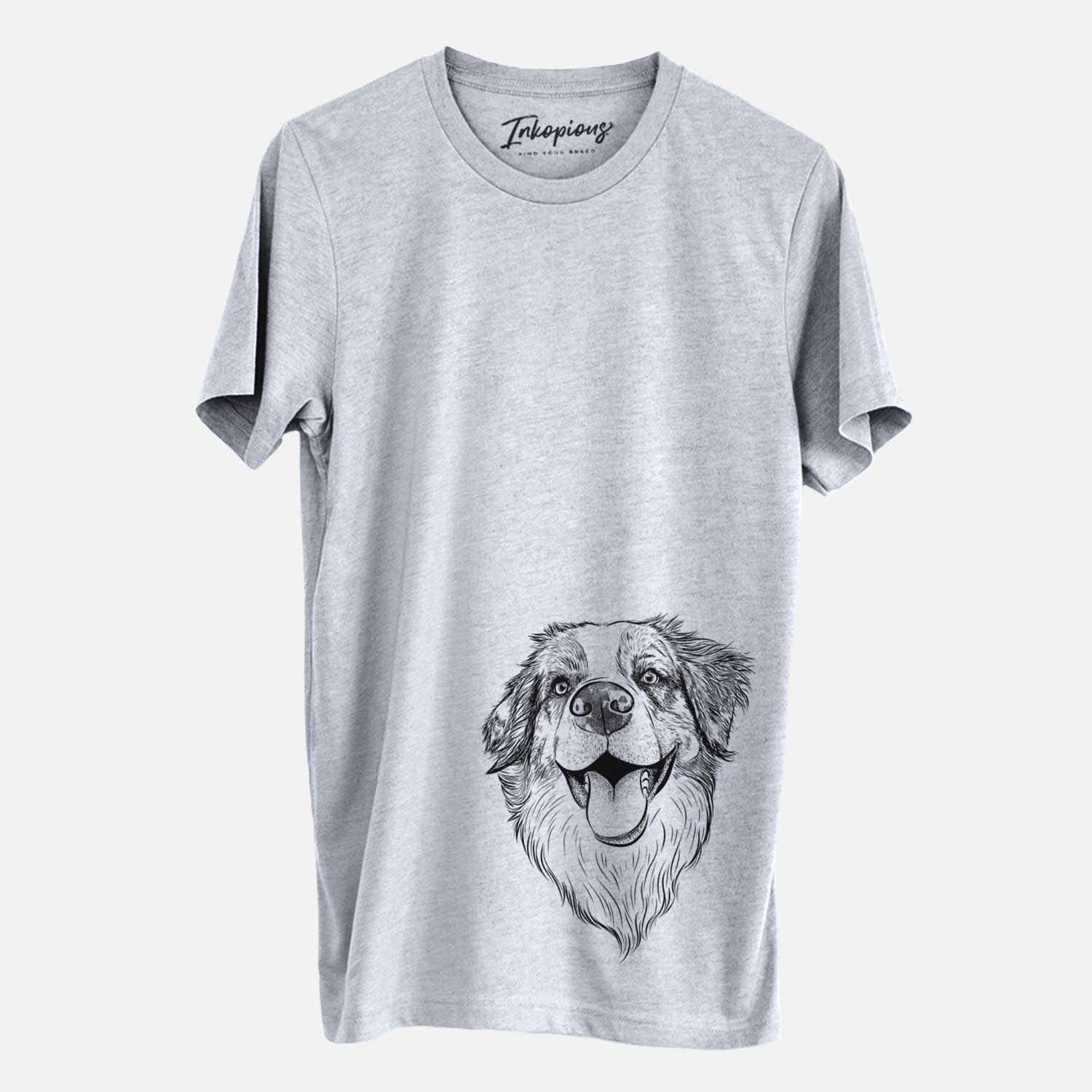 Hand-drawn sketch of Mila the Australian Shepherd on a Grey Unisex crewneck