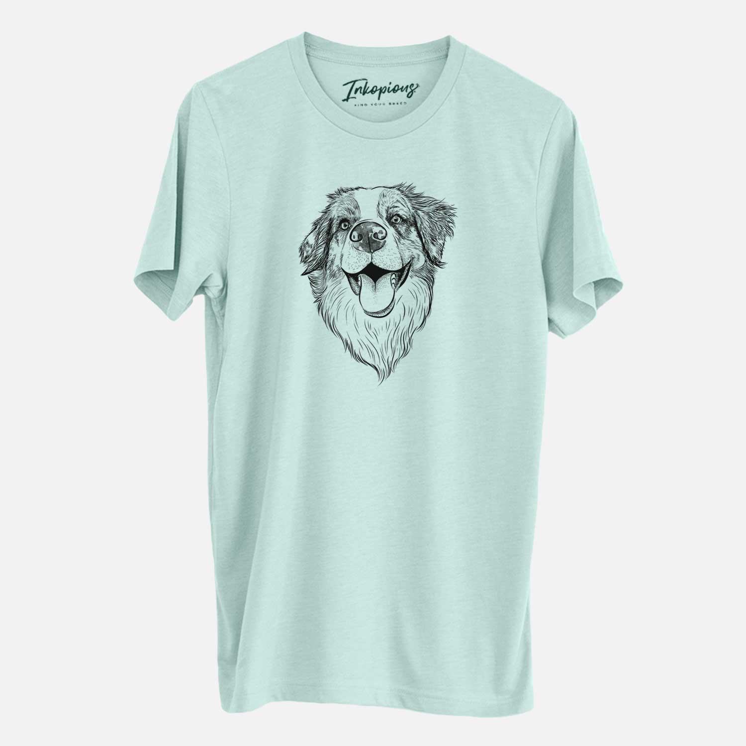 Hand-drawn sketch of Mila the Australian Shepherd on a Heather Sage Unisex crewneck