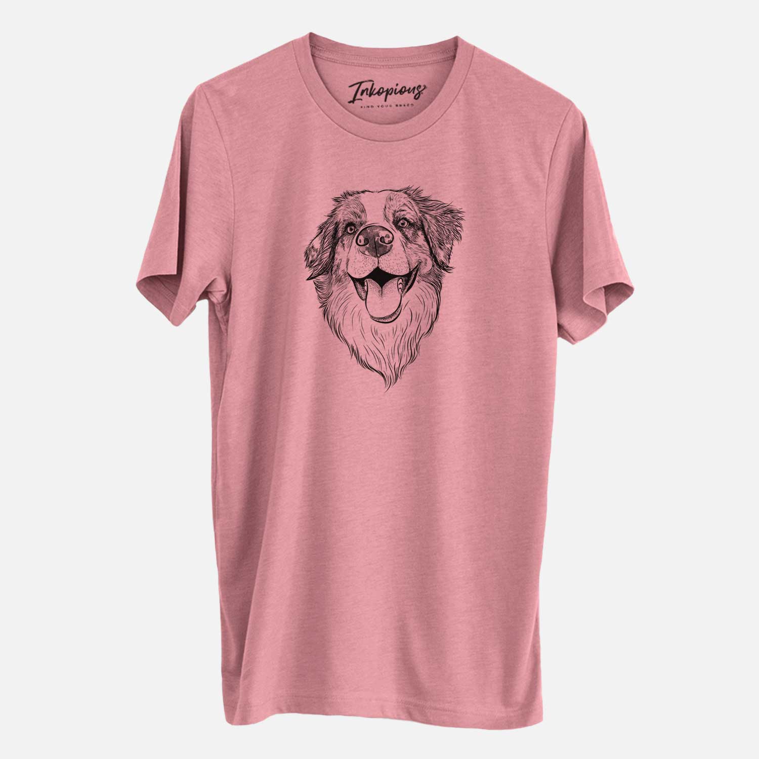 Hand-drawn sketch of Mila the Australian Shepherd on a Mauve Unisex crewneck
