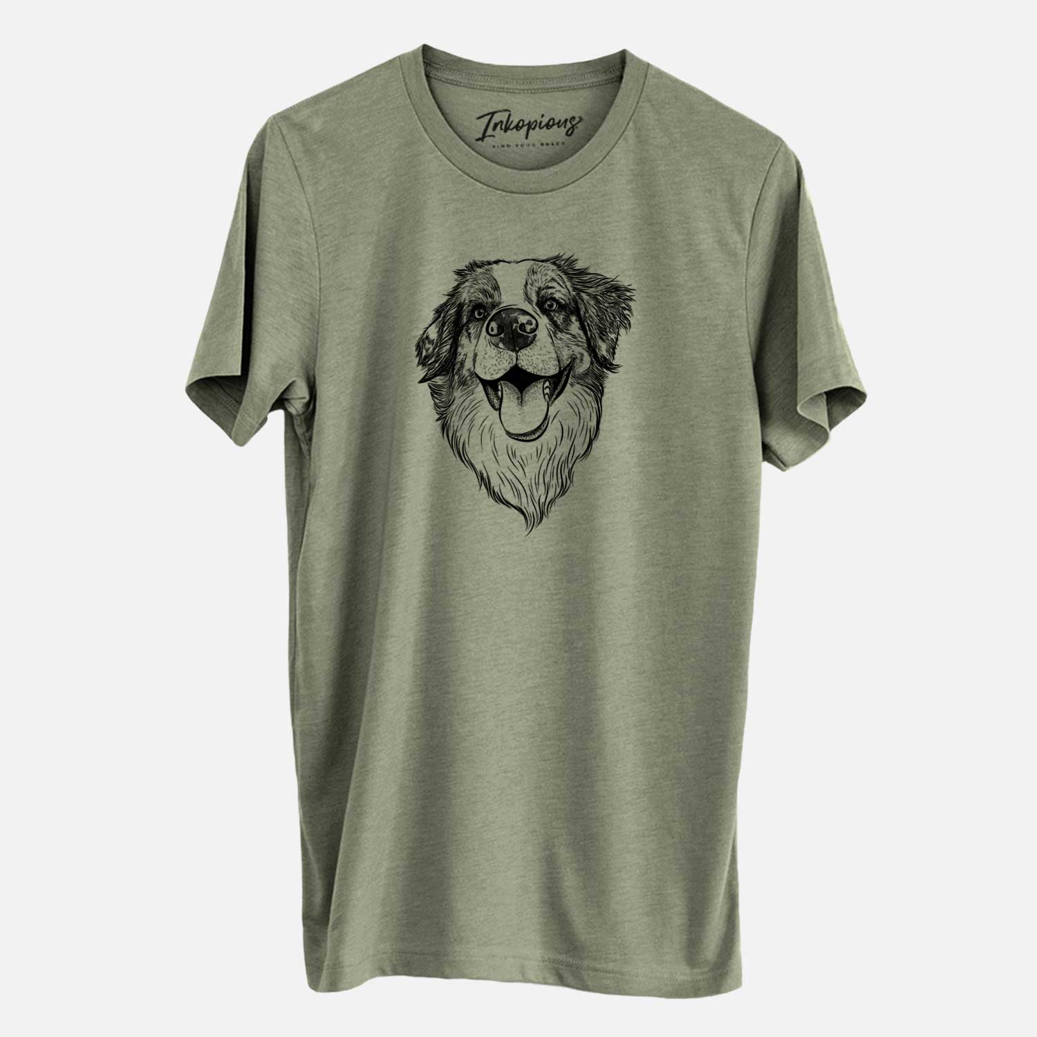 Hand-drawn sketch of Mila the Australian Shepherd on an Olive Unisex crewneck