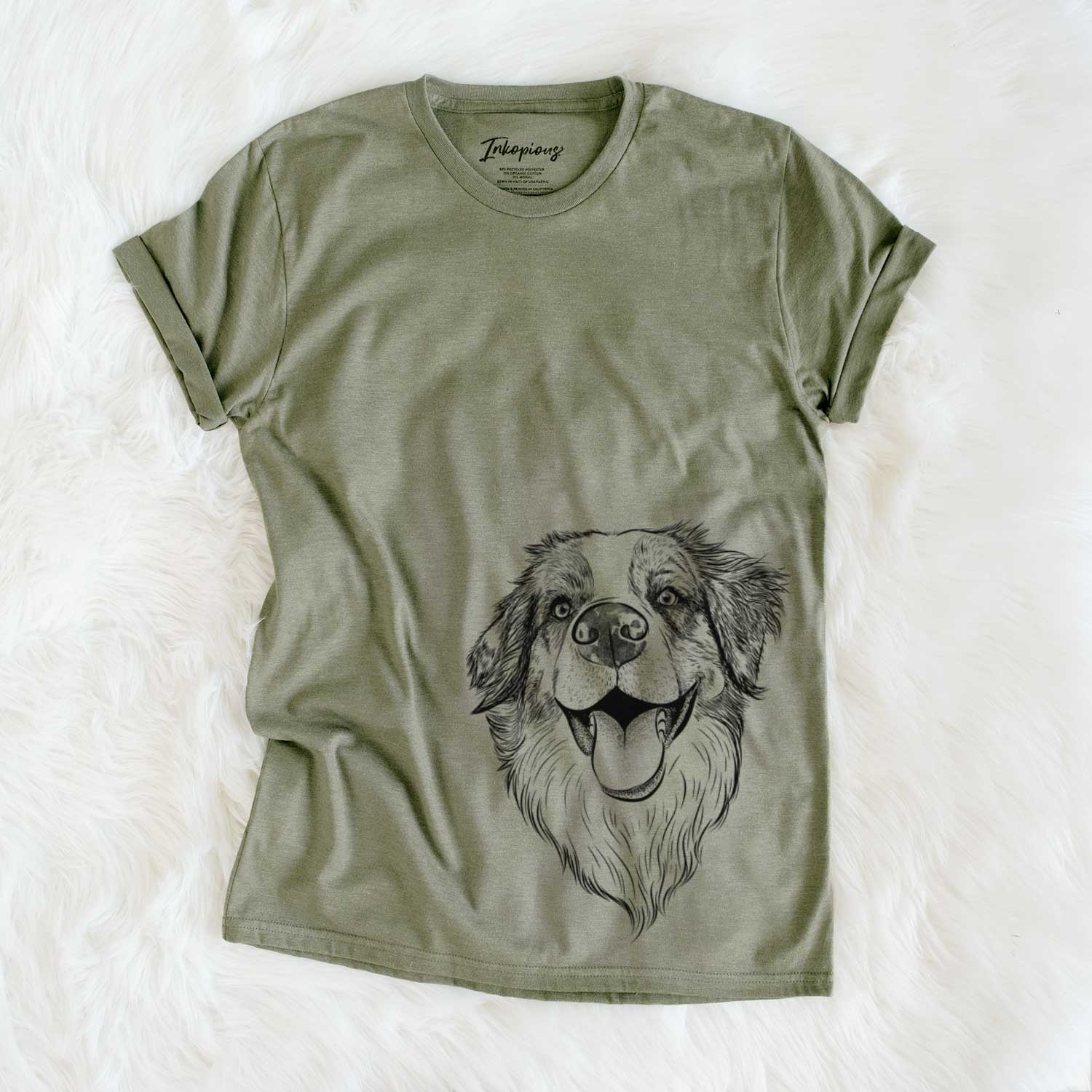 Hand-drawn sketch of Mila the Australian Shepherd on an Olive Unisex crewneck