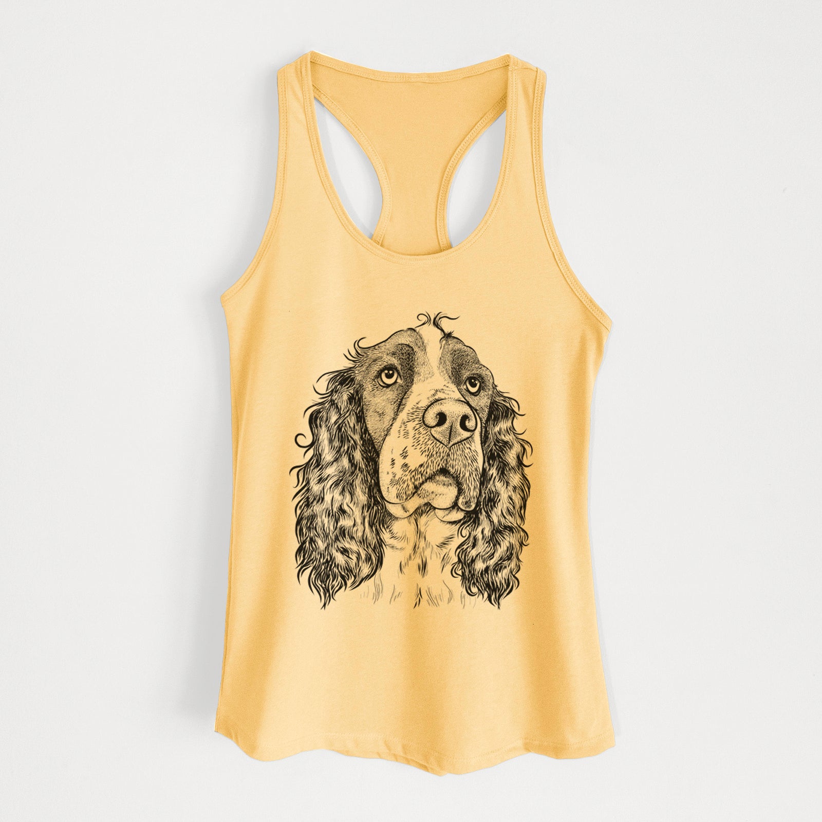 Hand-drawn sketch of Millie Mae the English Springer Spaniel on a Banana Cream Women's racerback tanktop