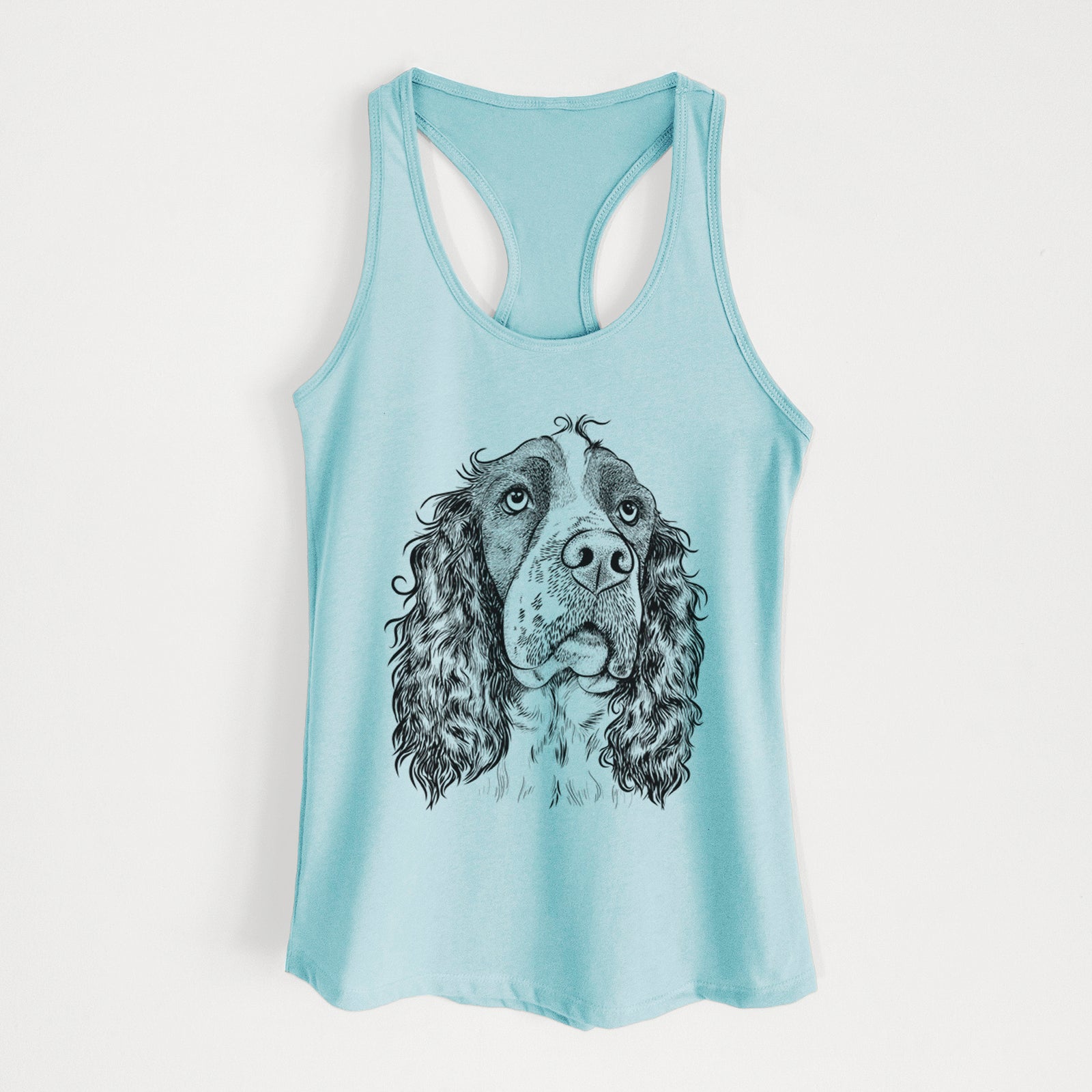 Hand-drawn sketch of Millie Mae the English Springer Spaniel on a Cancun Blue Women's racerback tanktop
