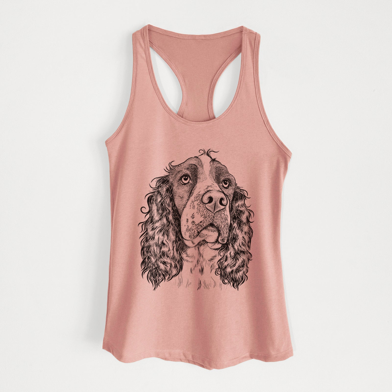 Hand-drawn sketch of Millie Mae the English Springer Spaniel on a Desert Pink Women's racerback tanktop