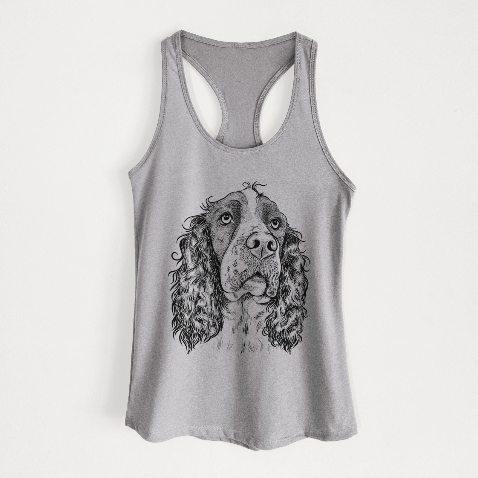 Hand-drawn sketch of Millie Mae the English Springer Spaniel on a Heather Grey Women's racerback tanktop