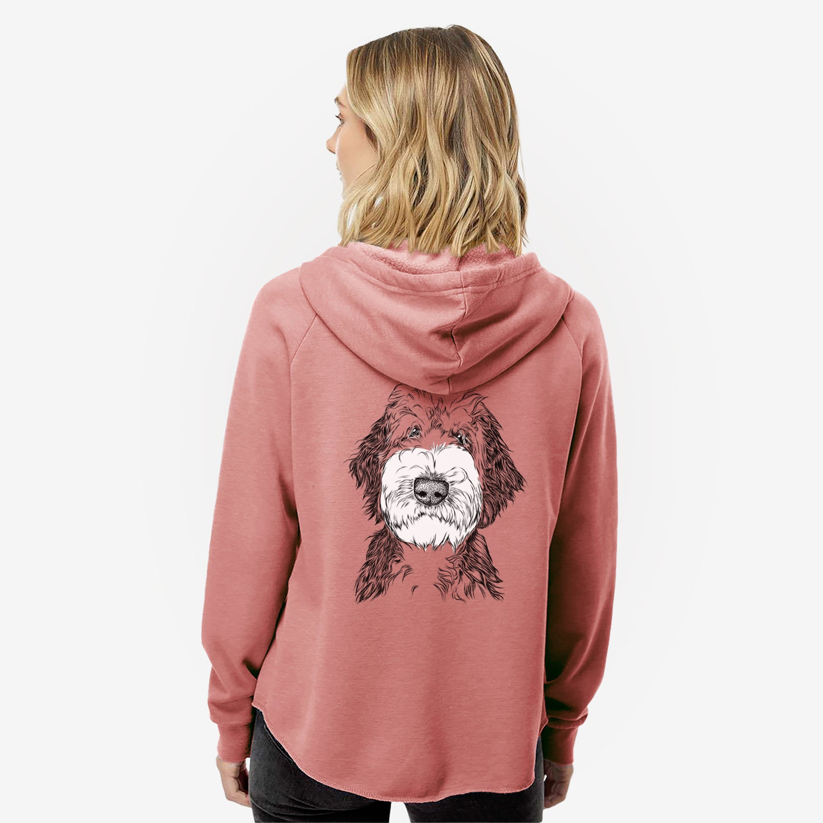 Hand-drawn sketch of Milo Fluff the Sheepadoodle on a Dusty Rose Women's cali wave zip-up sweatshirt