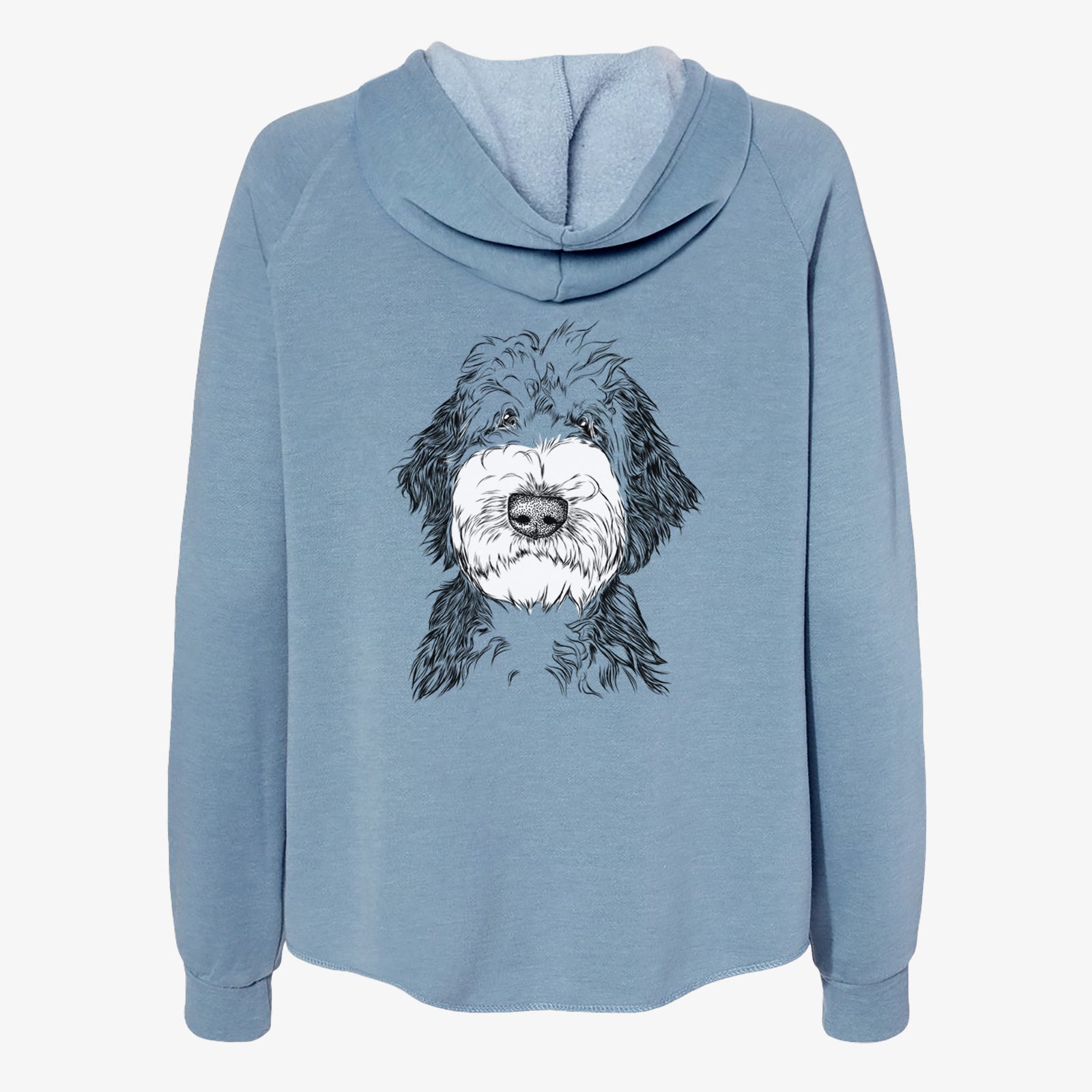 Hand-drawn sketch of Milo Fluff the Sheepadoodle on a Misty Blue Women's cali wave zip-up sweatshirt