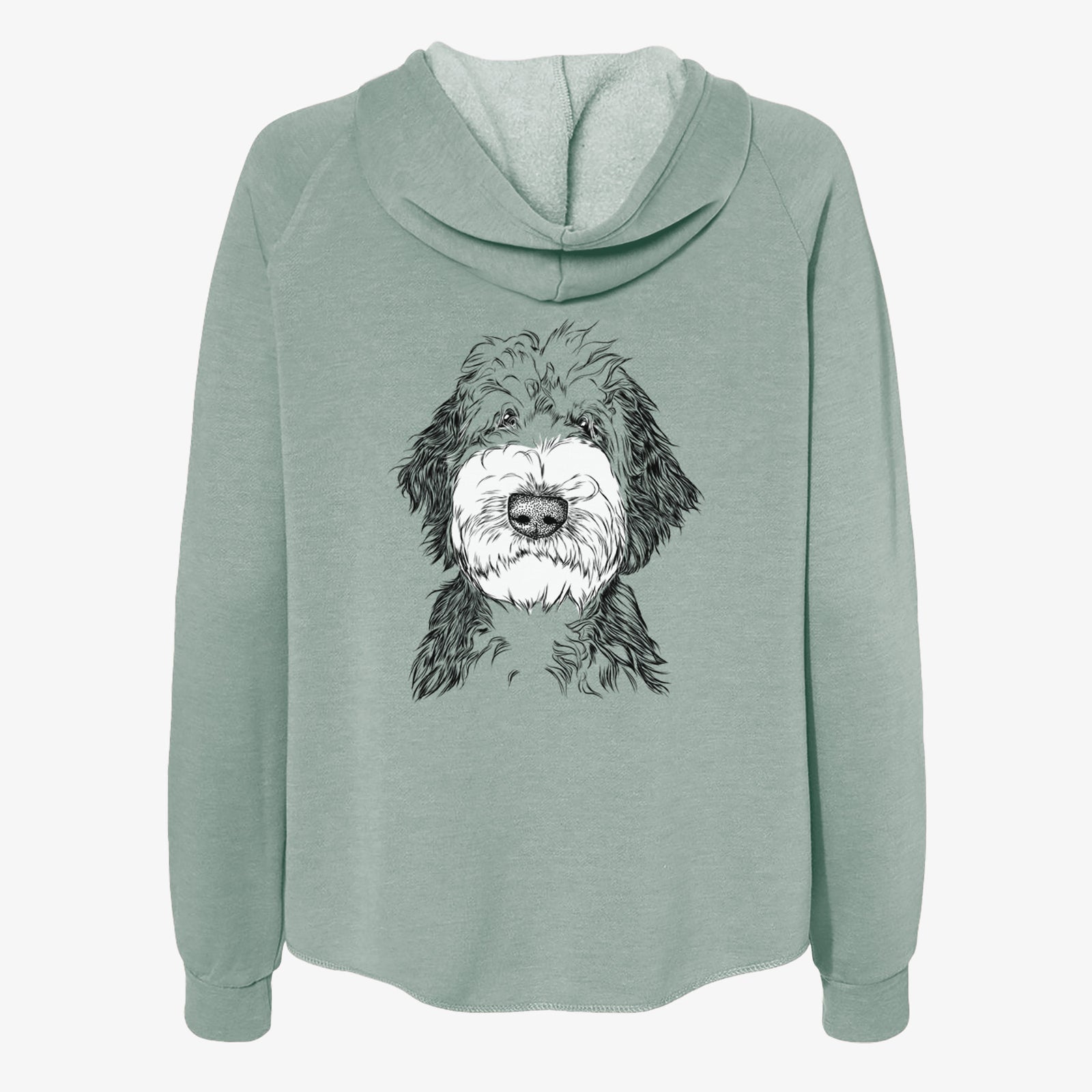 Hand-drawn sketch of Milo Fluff the Sheepadoodle on a Sage Women's cali wave zip-up sweatshirt