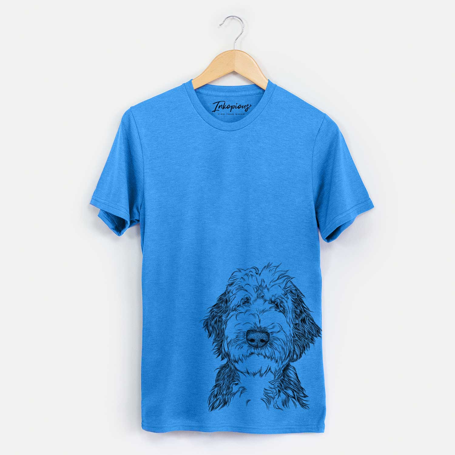 Hand-drawn sketch of Milo Fluff the Sheepadoodle on a Blue Unisex crewneck