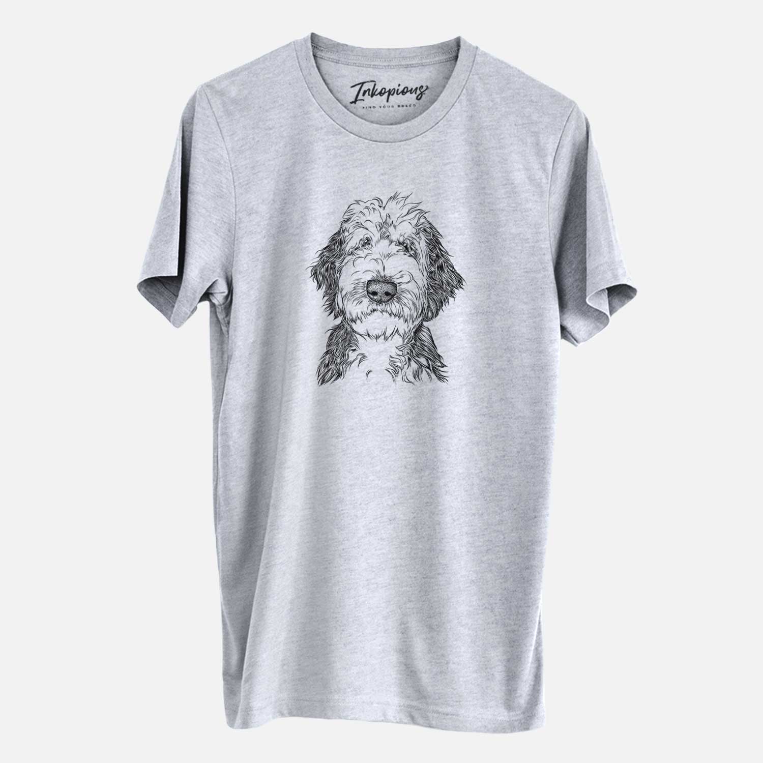 Hand-drawn sketch of Milo Fluff the Sheepadoodle on a Grey Unisex crewneck