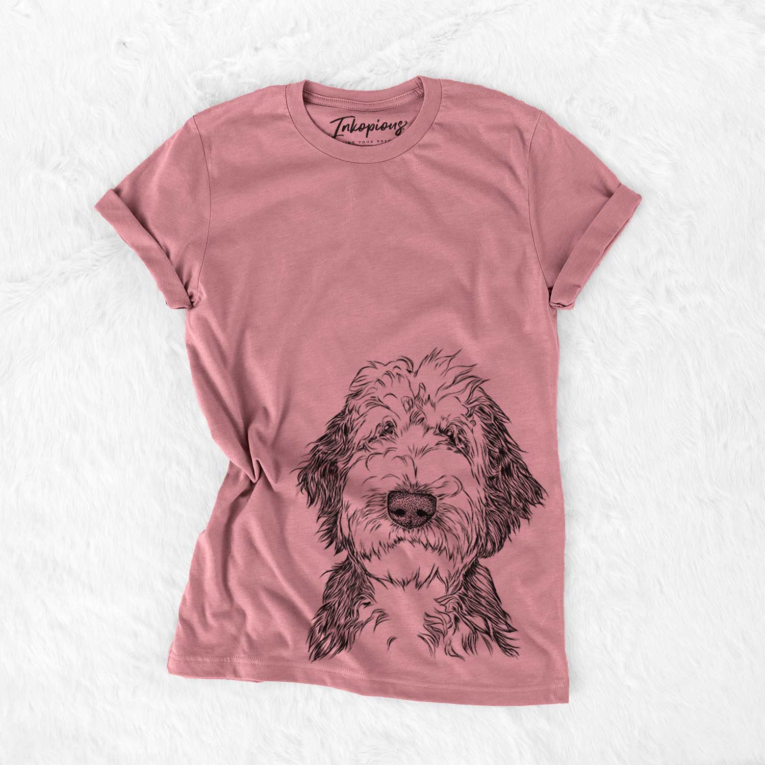 Hand-drawn sketch of Milo Fluff the Sheepadoodle on a Mauve Bella Canvas Unisex Crewneck