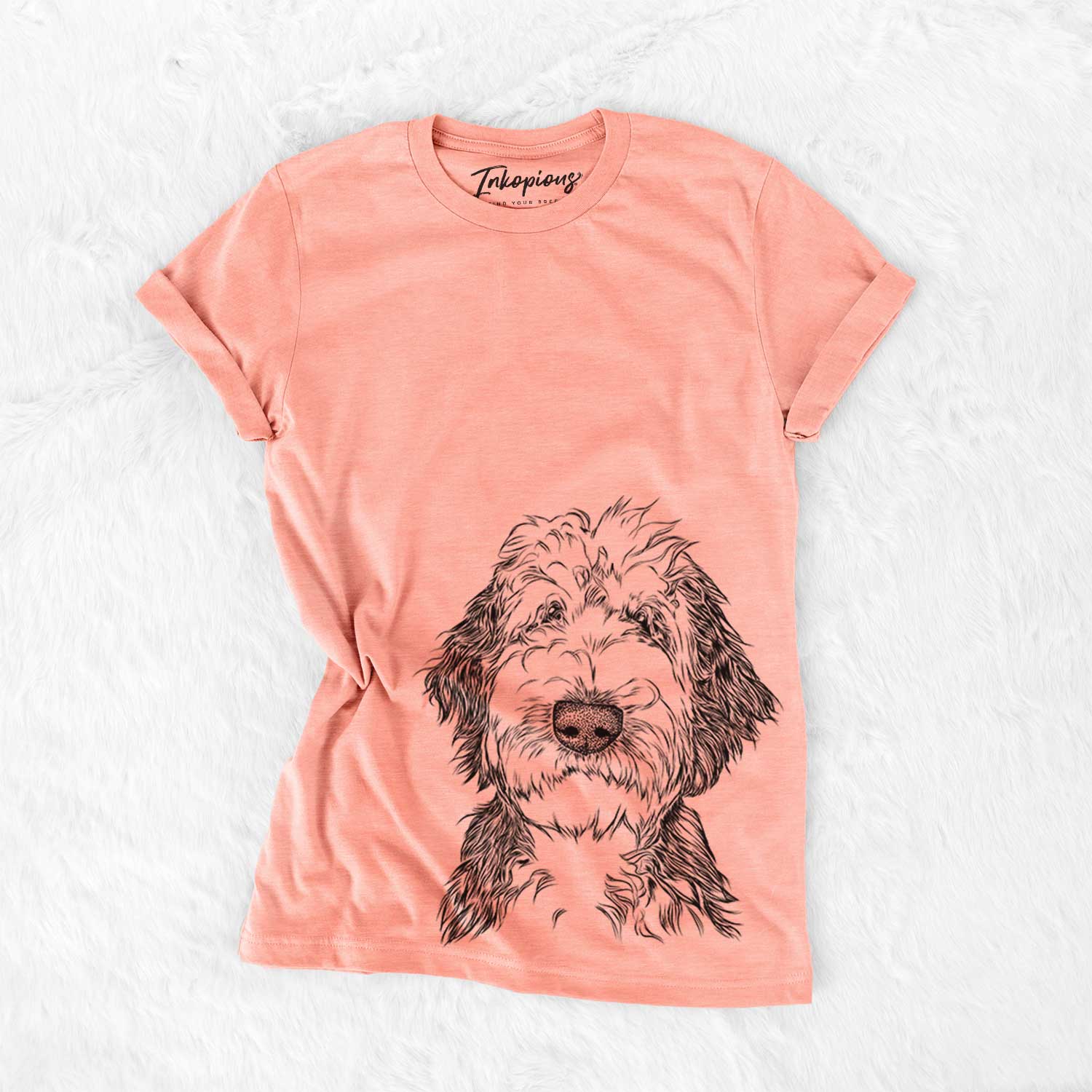 Hand-drawn sketch of Milo Fluff the Sheepadoodle on a Sunset Bella Canvas Unisex Crewneck