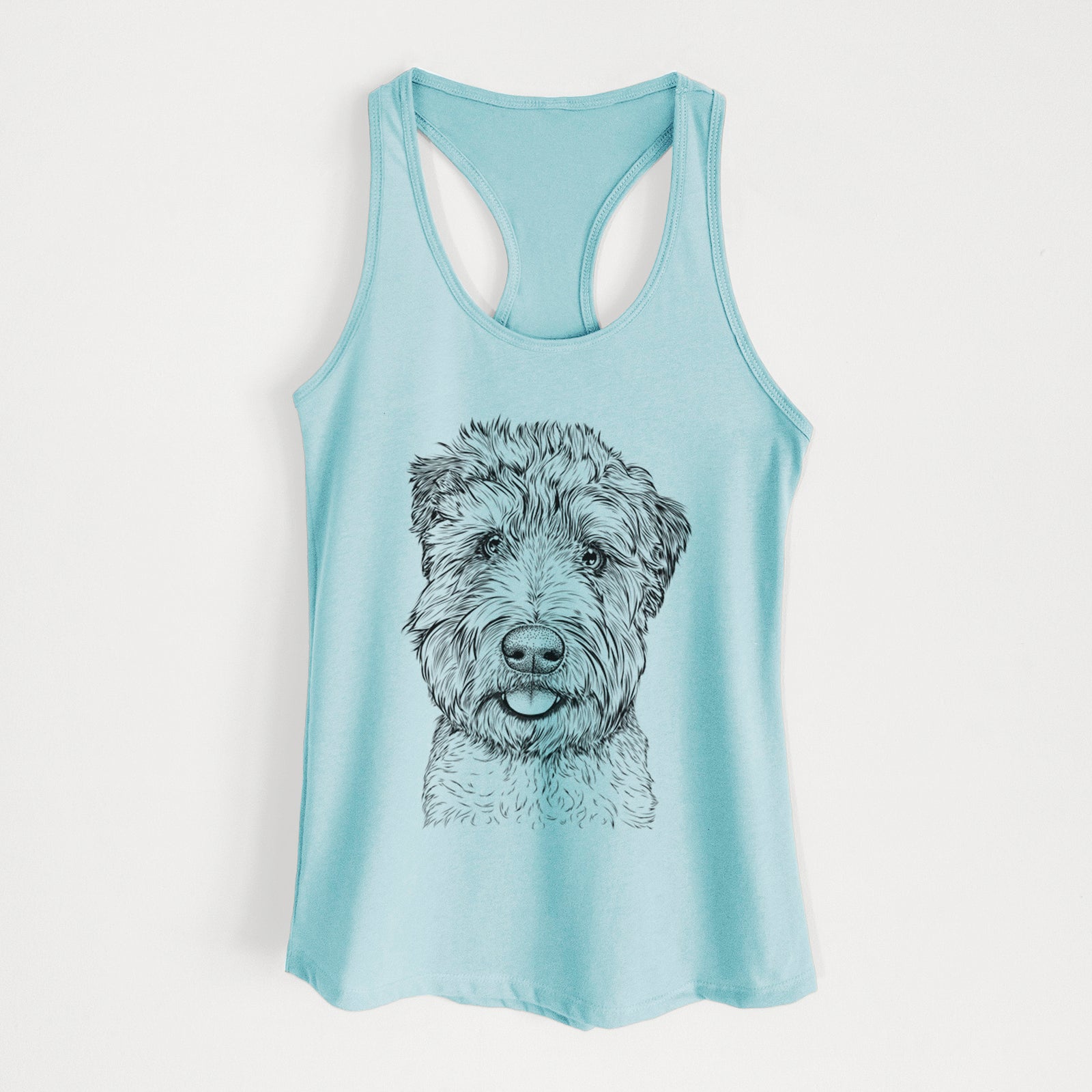 Hand-drawn sketch of Milton the Soft Coated Wheaten Terrier on a Cancun Blue Women's racerback tanktop