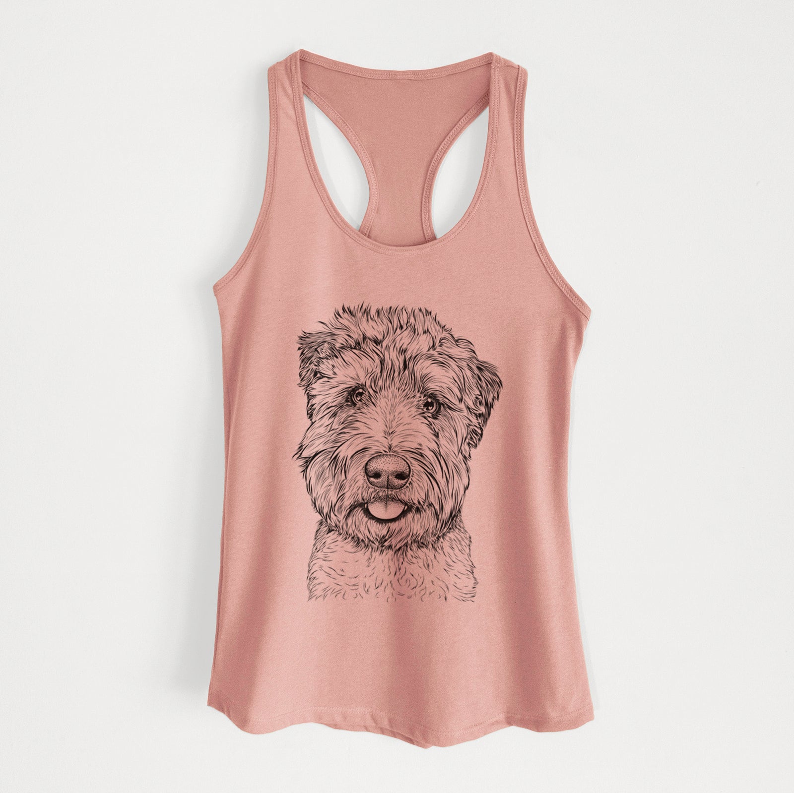 Hand-drawn sketch of Milton the Soft Coated Wheaten Terrier on a Desert Pink Women's racerback tanktop