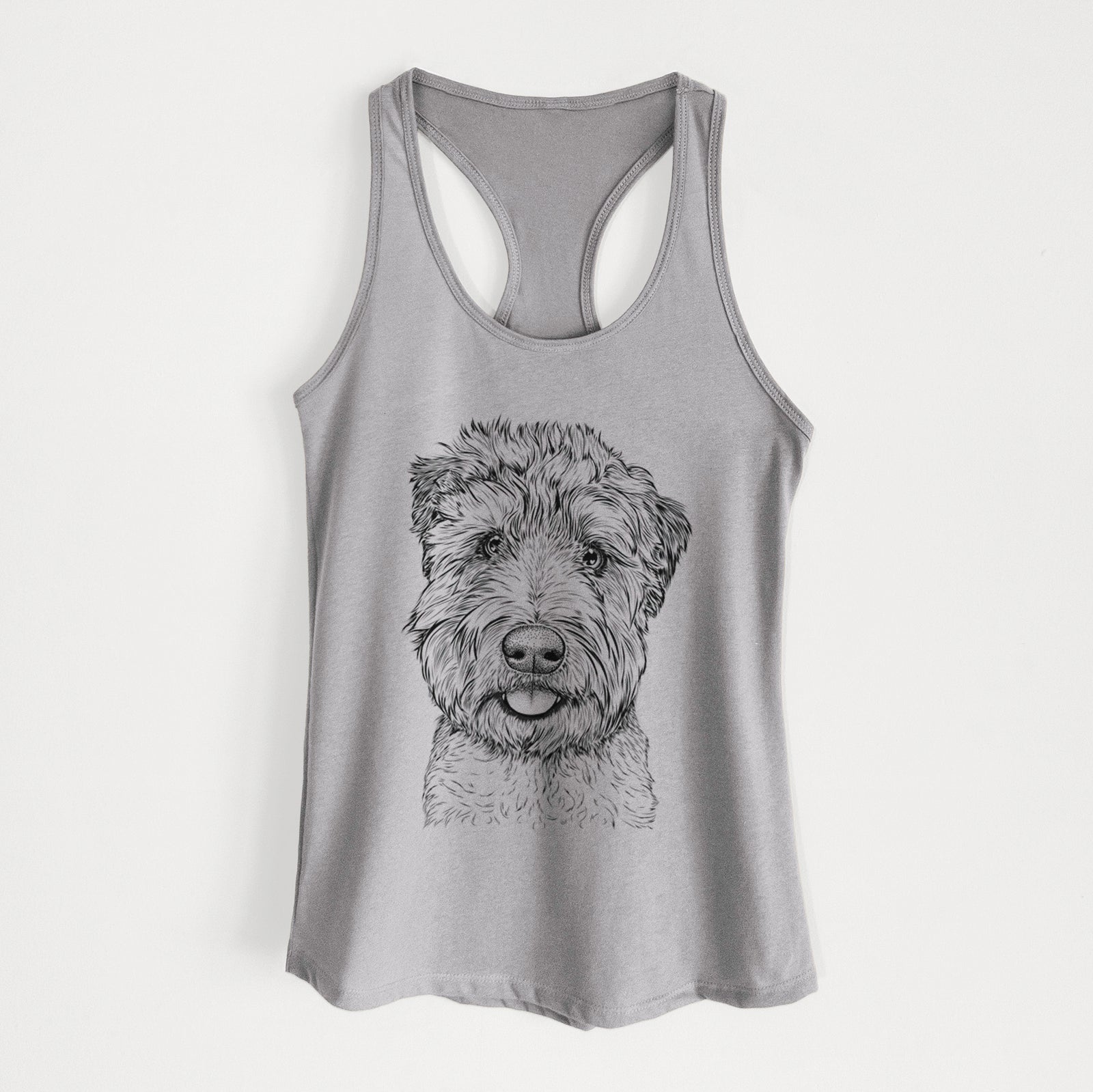 Hand-drawn sketch of Milton the Soft Coated Wheaten Terrier on a Heather Grey Women's racerback tanktop