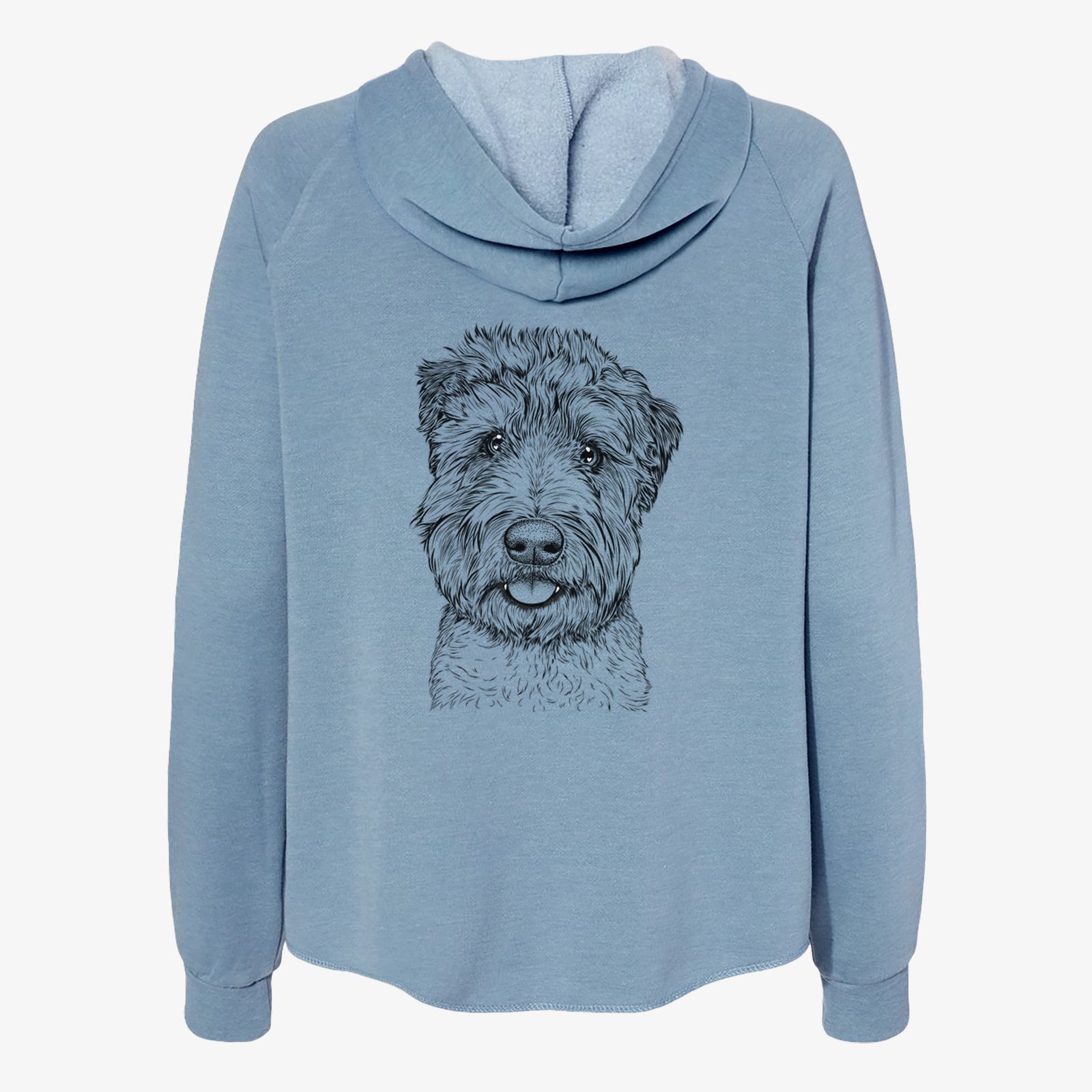 Hand-drawn sketch of Milton the Soft Coated Wheaten Terrier on a Misty Blue Women's cali wave zip-up sweatshirt