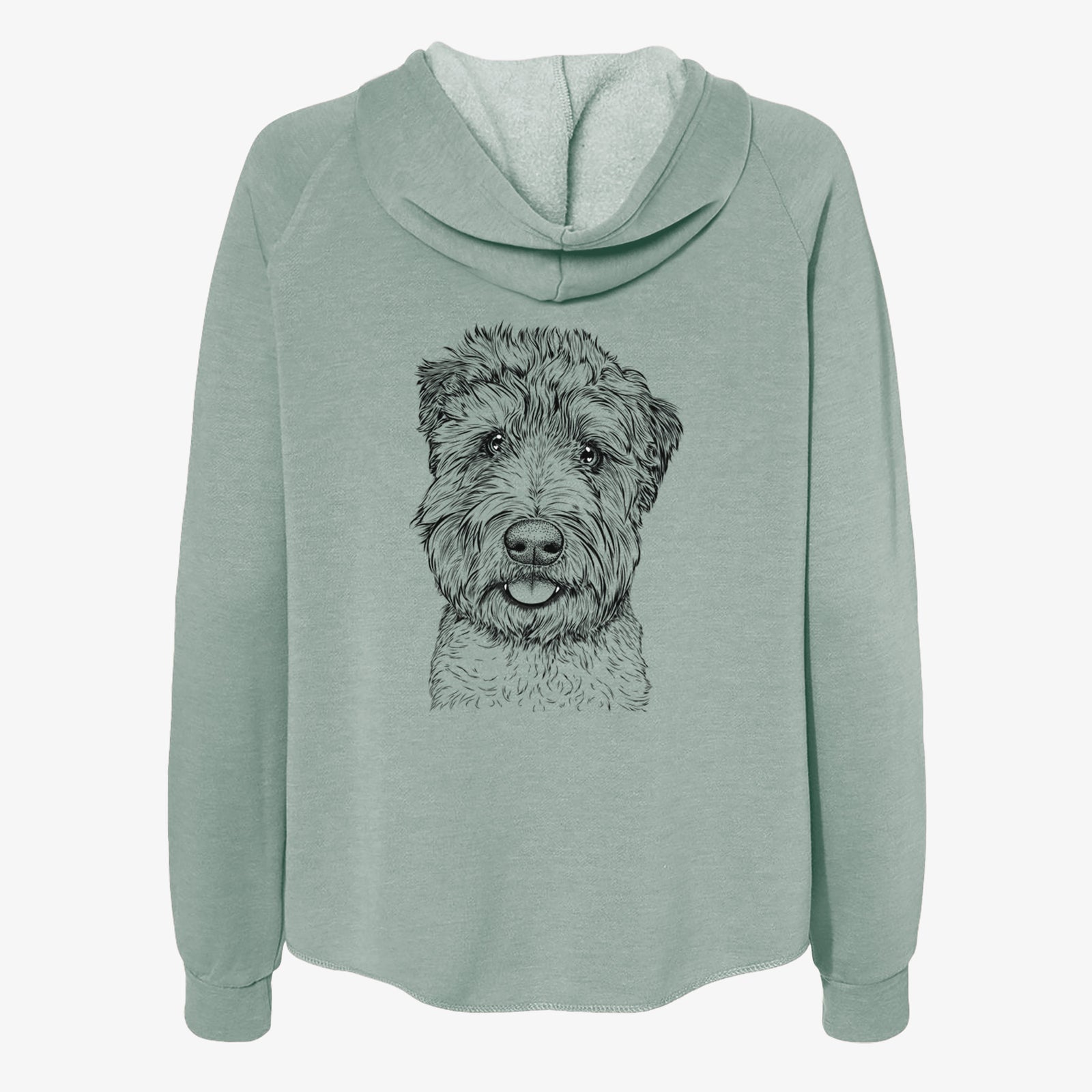 Hand-drawn sketch of Milton the Soft Coated Wheaten Terrier on a Sage Women's cali wave zip-up sweatshirt
