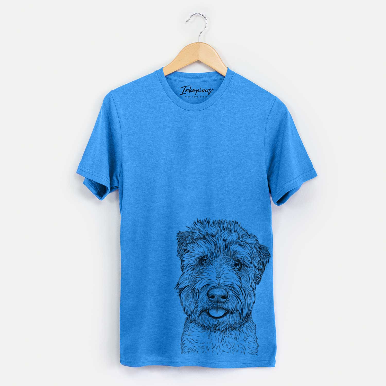 Hand-drawn sketch of Milton the Soft Coated Wheaten Terrier on a Blue Unisex crewneck