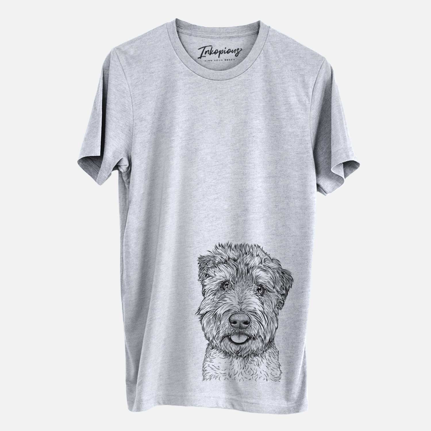 Hand-drawn sketch of Milton the Soft Coated Wheaten Terrier on a Grey Unisex crewneck
