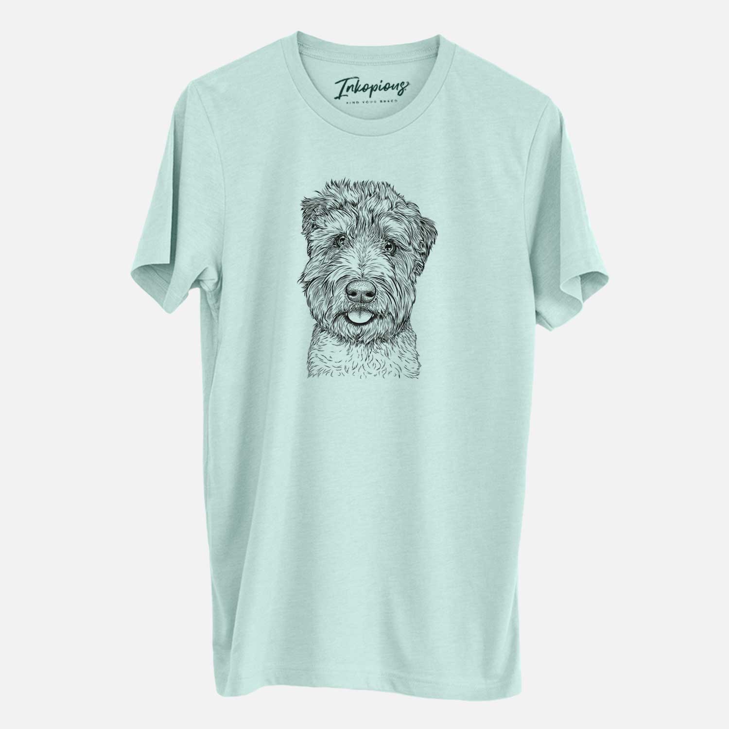 Hand-drawn sketch of Milton the Soft Coated Wheaten Terrier on a Heather Sage Unisex crewneck
