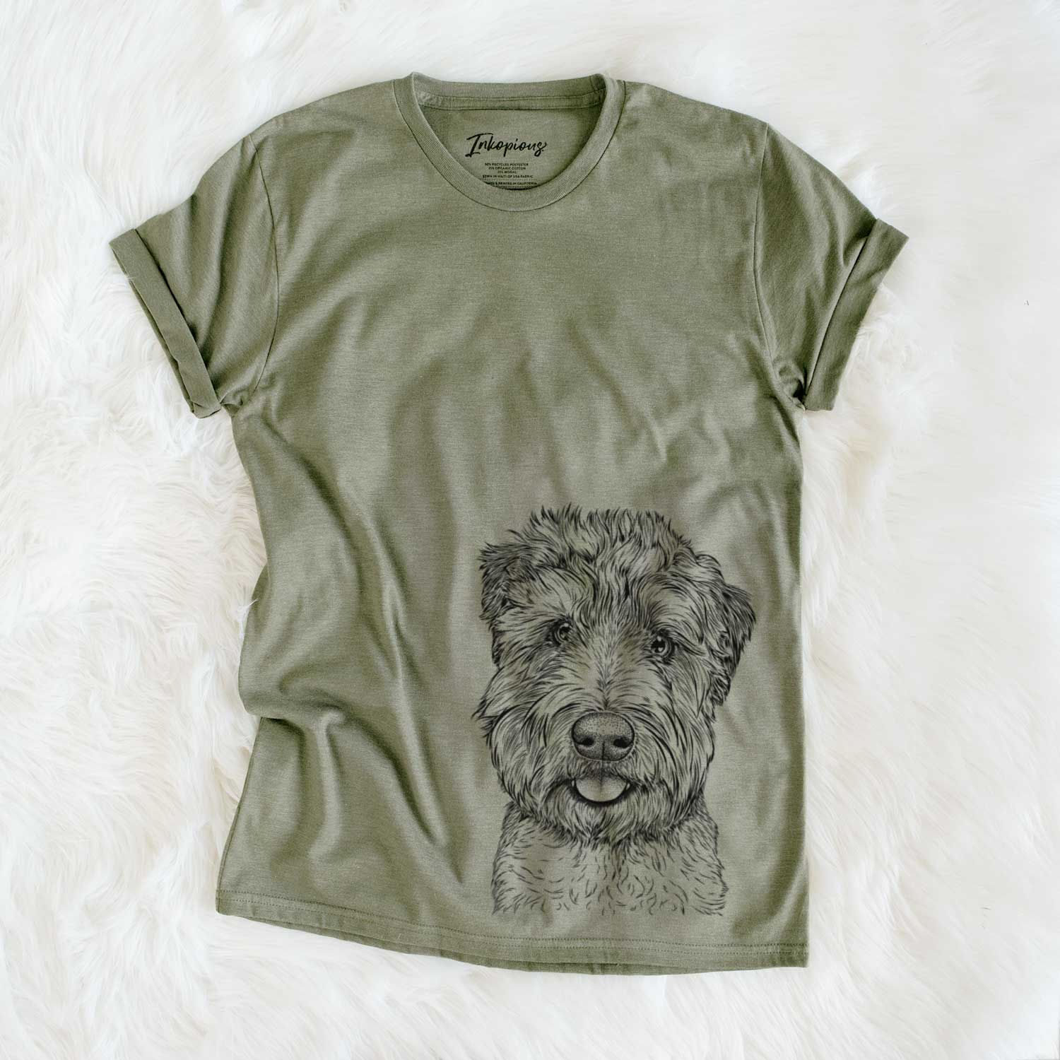 Hand-drawn sketch of Milton the Soft Coated Wheaten Terrier on an Olive Unisex crewneck