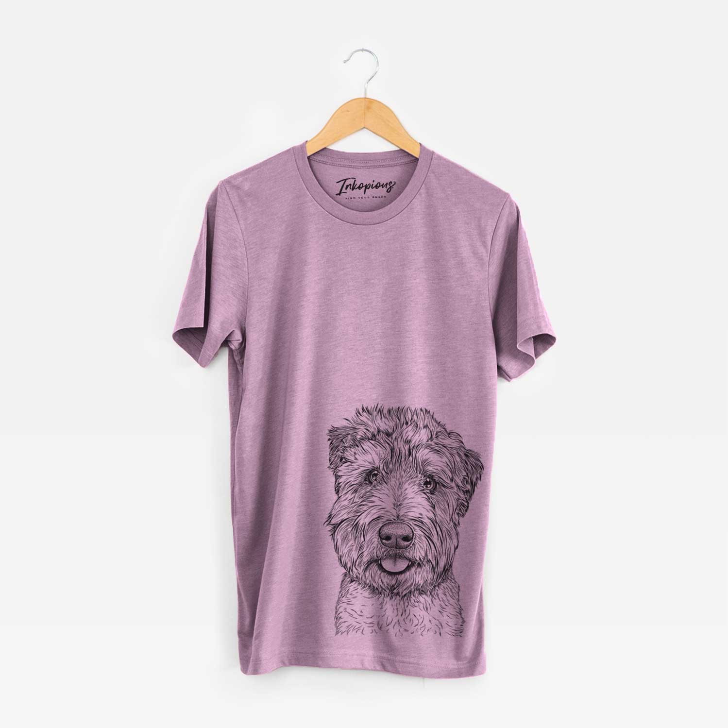 Hand-drawn sketch of Milton the Soft Coated Wheaten Terrier on an Orchid Unisex crewneck