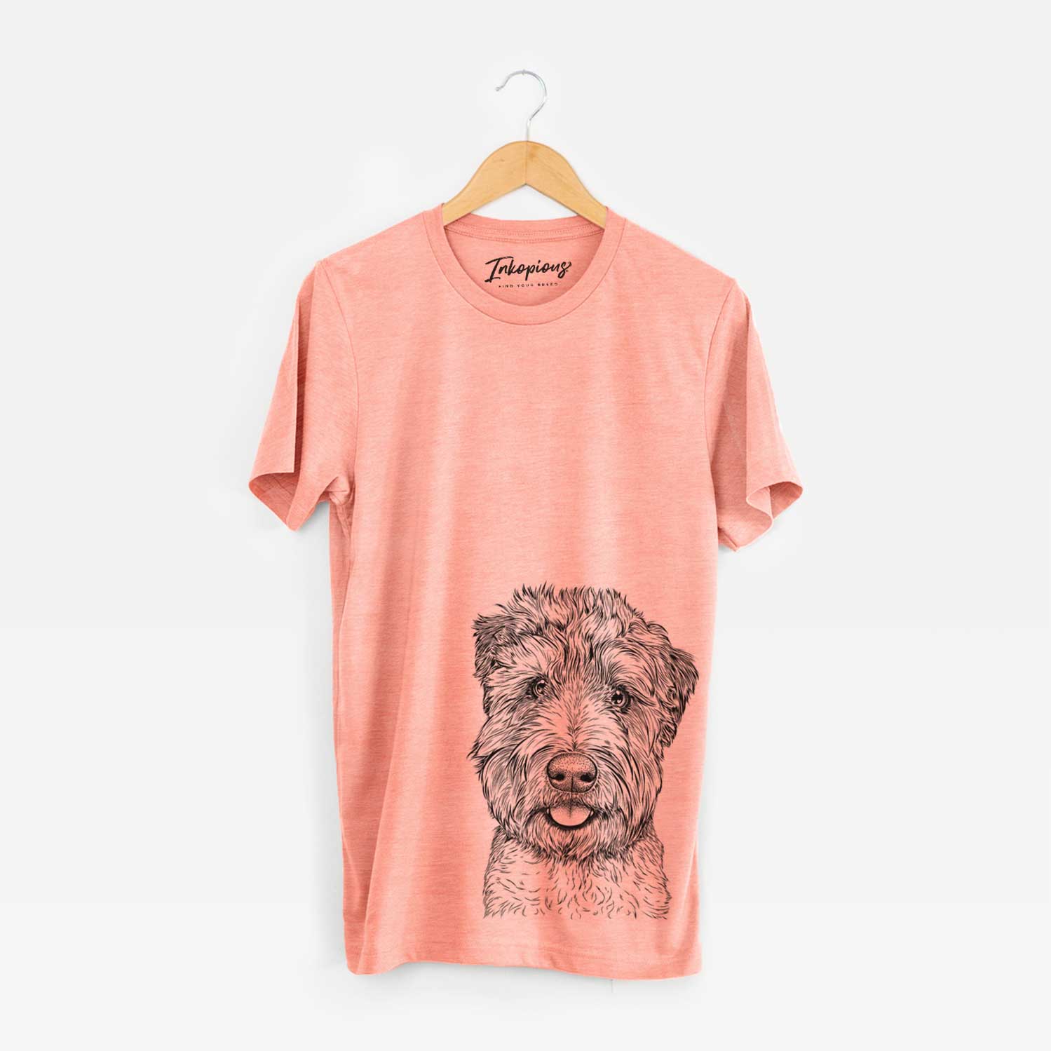 Hand-drawn sketch of Milton the Soft Coated Wheaten Terrier on a Sunset Unisex crewneck