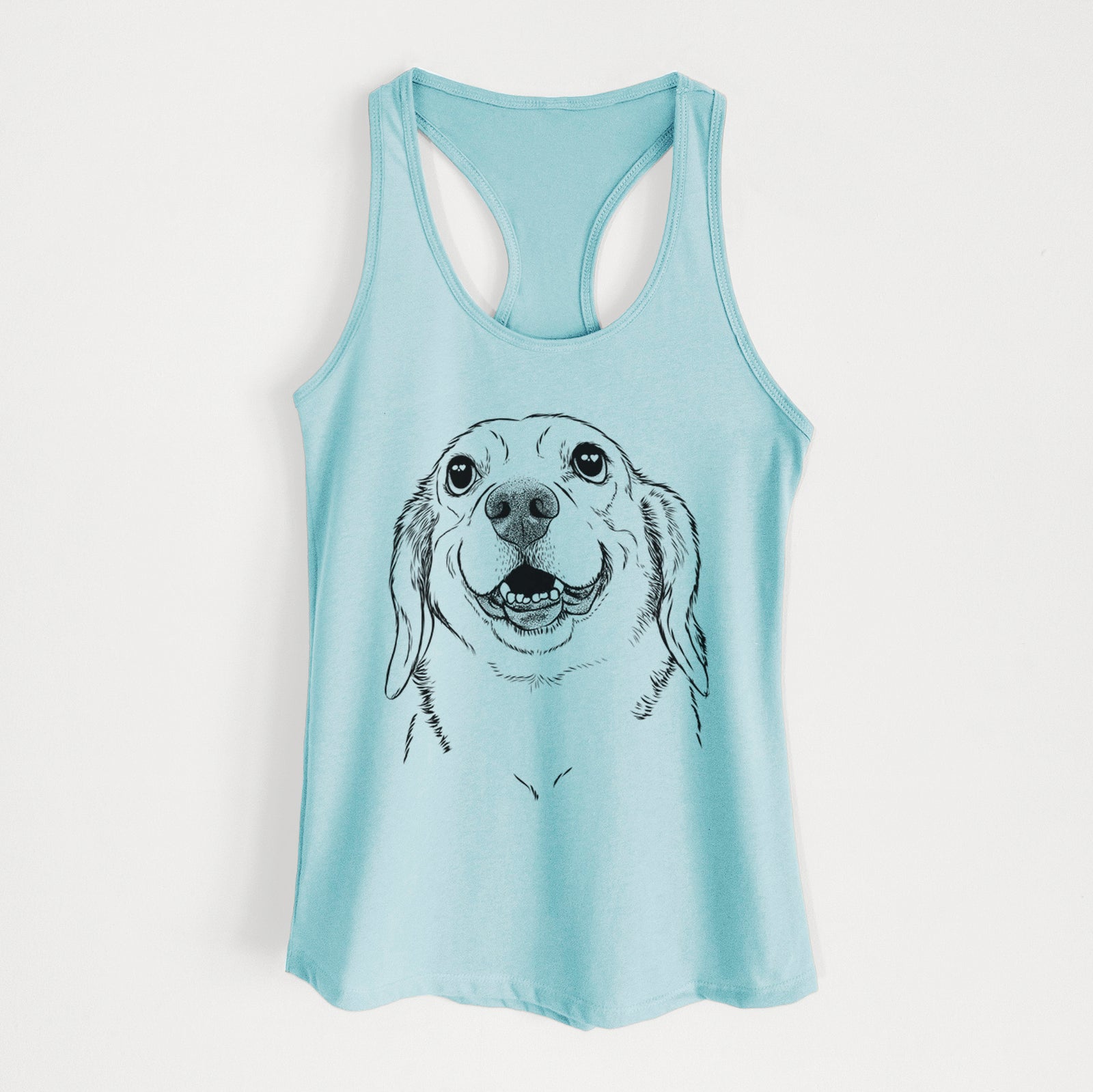 Hand-drawn sketch of Minnie the Corgle on a Cancun Blue Women's racerback tanktop