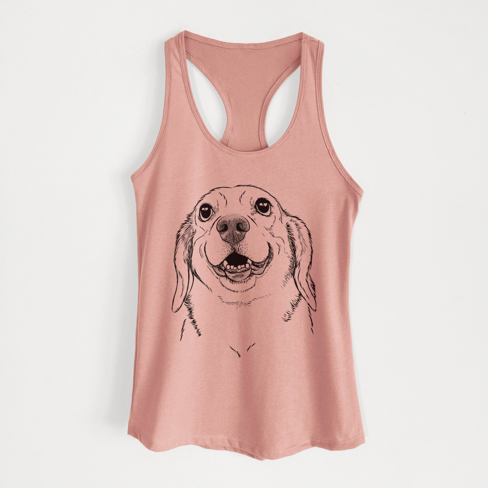 Hand-drawn sketch of Minnie the Corgle on a Desert Pink Women's racerback tanktop