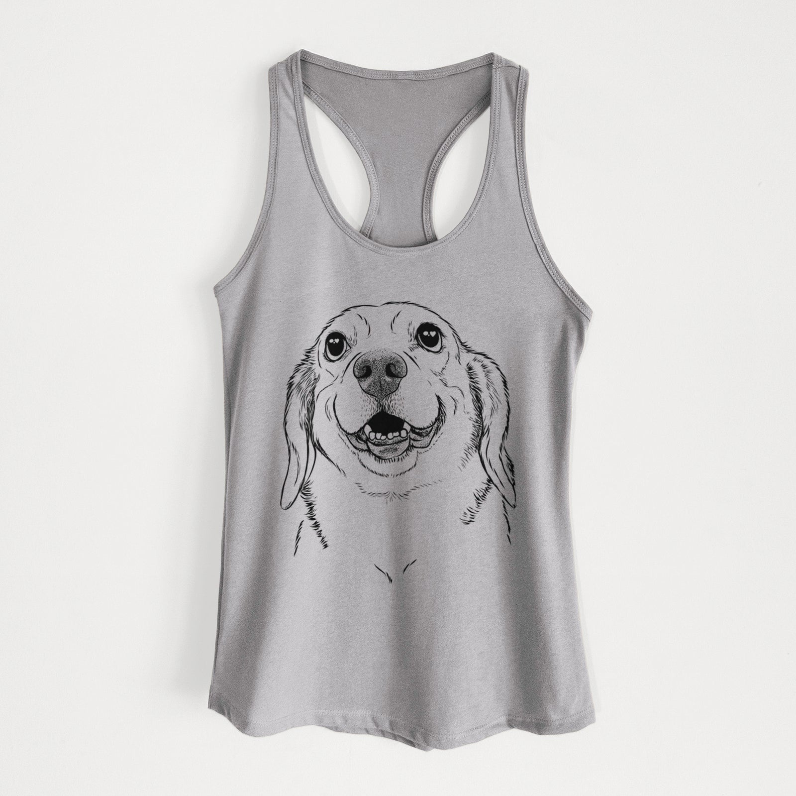 Hand-drawn sketch of Minnie the Corgle on a Heather Grey Women's racerback tanktop