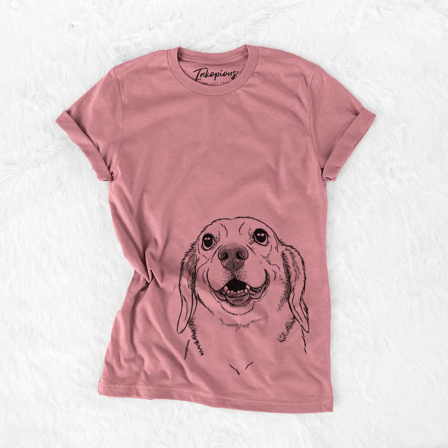 Hand-drawn sketch of Minnie the Corgle on a Mauve Unisex crewneck