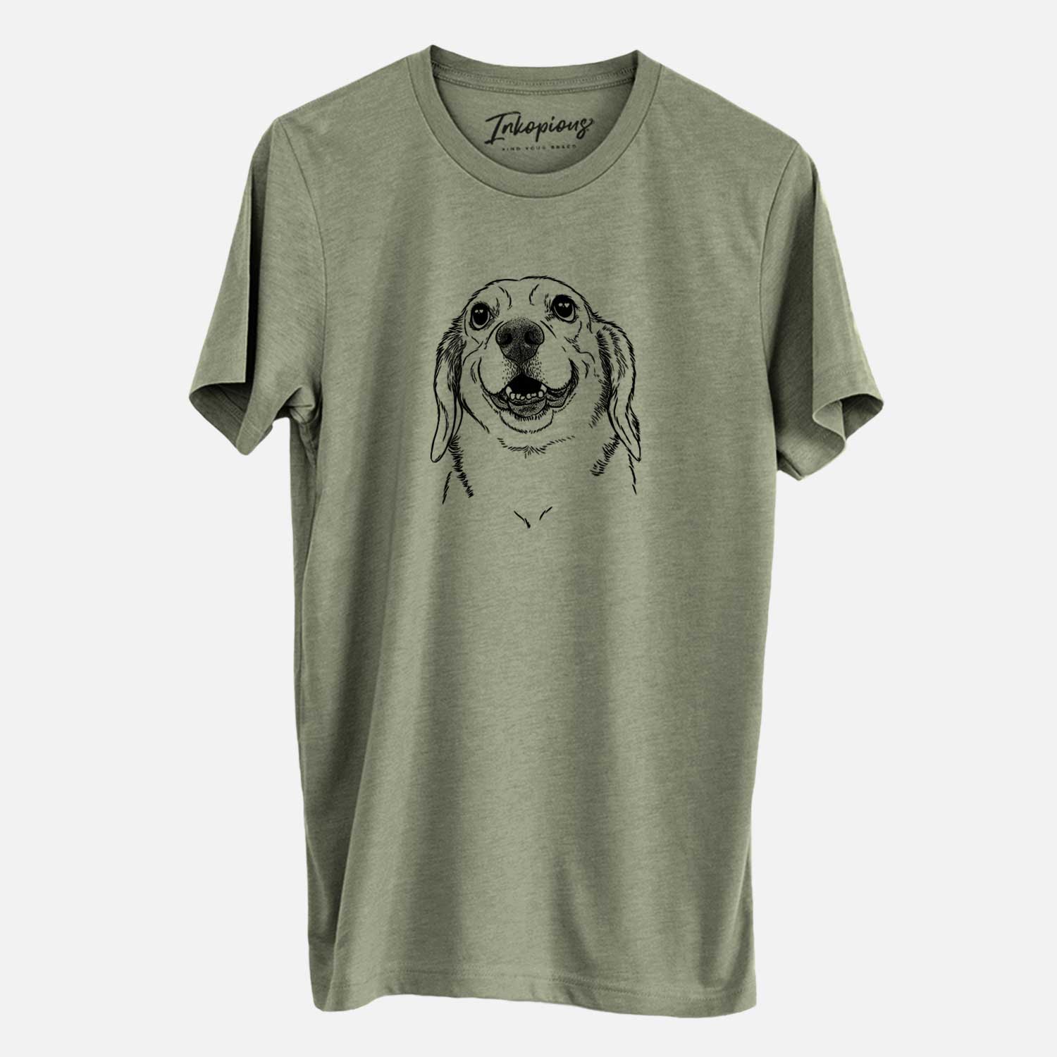 Hand-drawn sketch of Minnie the Corgle on an Olive Unisex crewneck