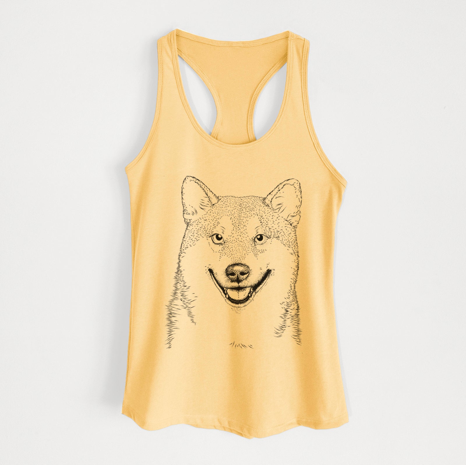 Hand-drawn sketch of Mitsu the Shiba Inu on a Banana Cream Women's racerback tanktop
