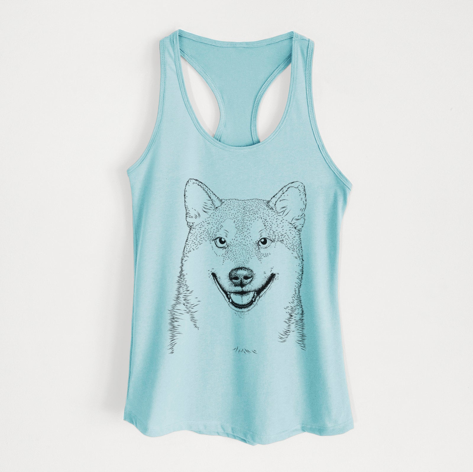 Hand-drawn sketch of Mitsu the Shiba Inu on a Cancun Blue Women's racerback tanktop