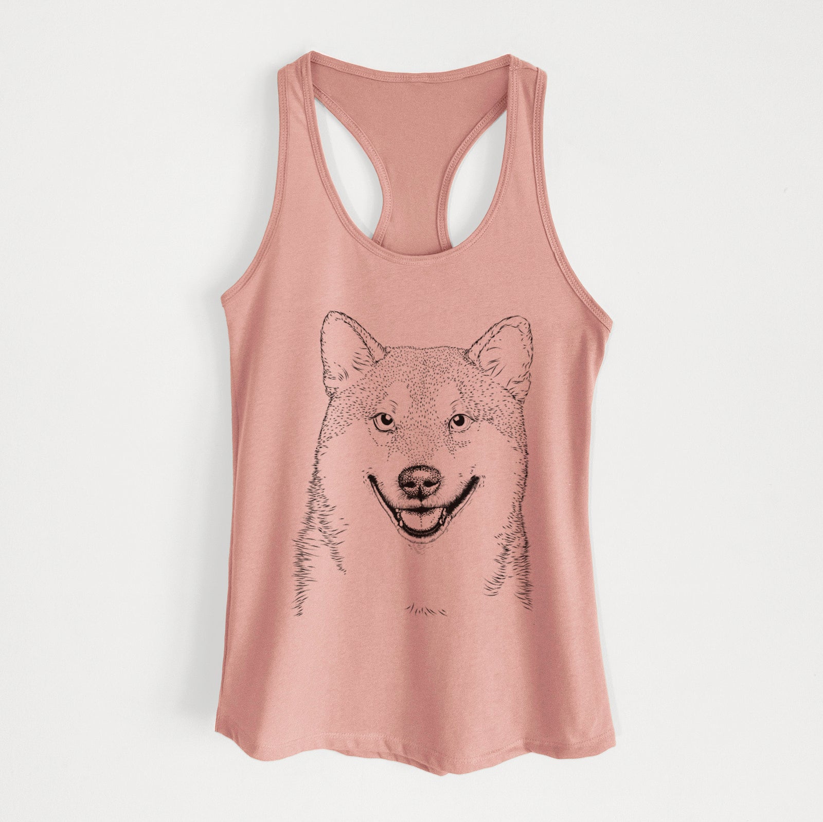 Hand-drawn sketch of Mitsu the Shiba Inu on a Desert Pink Women's racerback tanktop