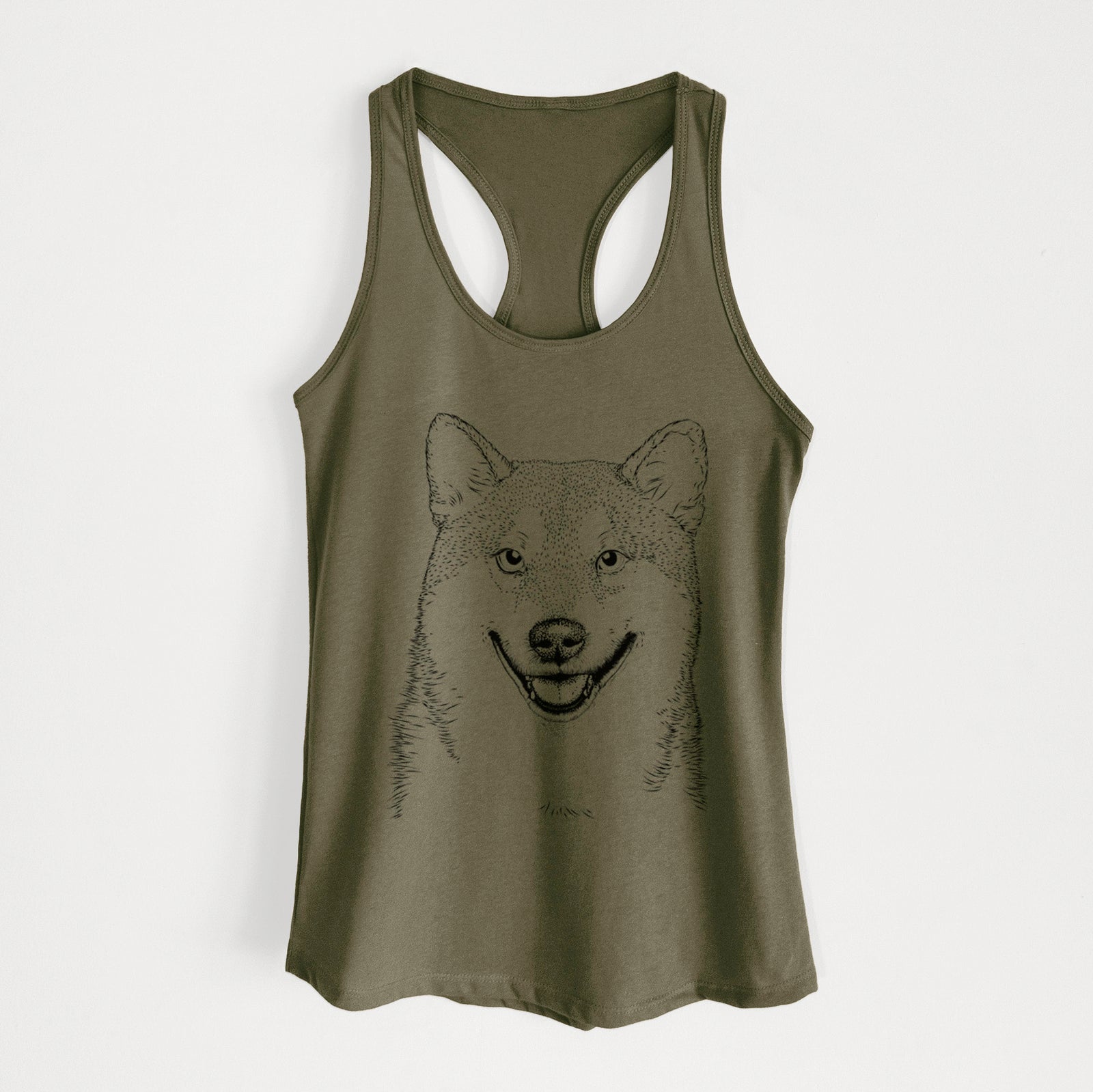 Hand-drawn sketch of Mitsu the Shiba Inu on a Military Green Women's racerback tanktop