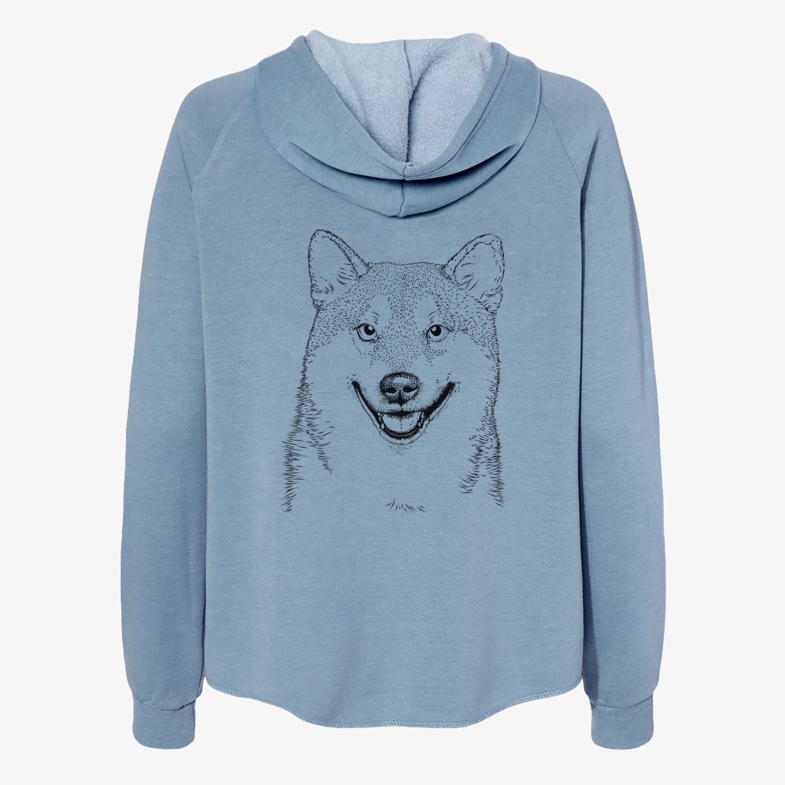 Hand-drawn sketch of Mitsu the Shiba Inu on a Misty Blue Women's cali wave zip-up sweatshirt