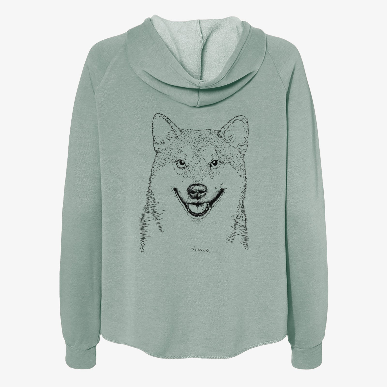 Hand-drawn sketch of Mitsu the Shiba Inu on a Sage Women's cali wave zip-up sweatshirt