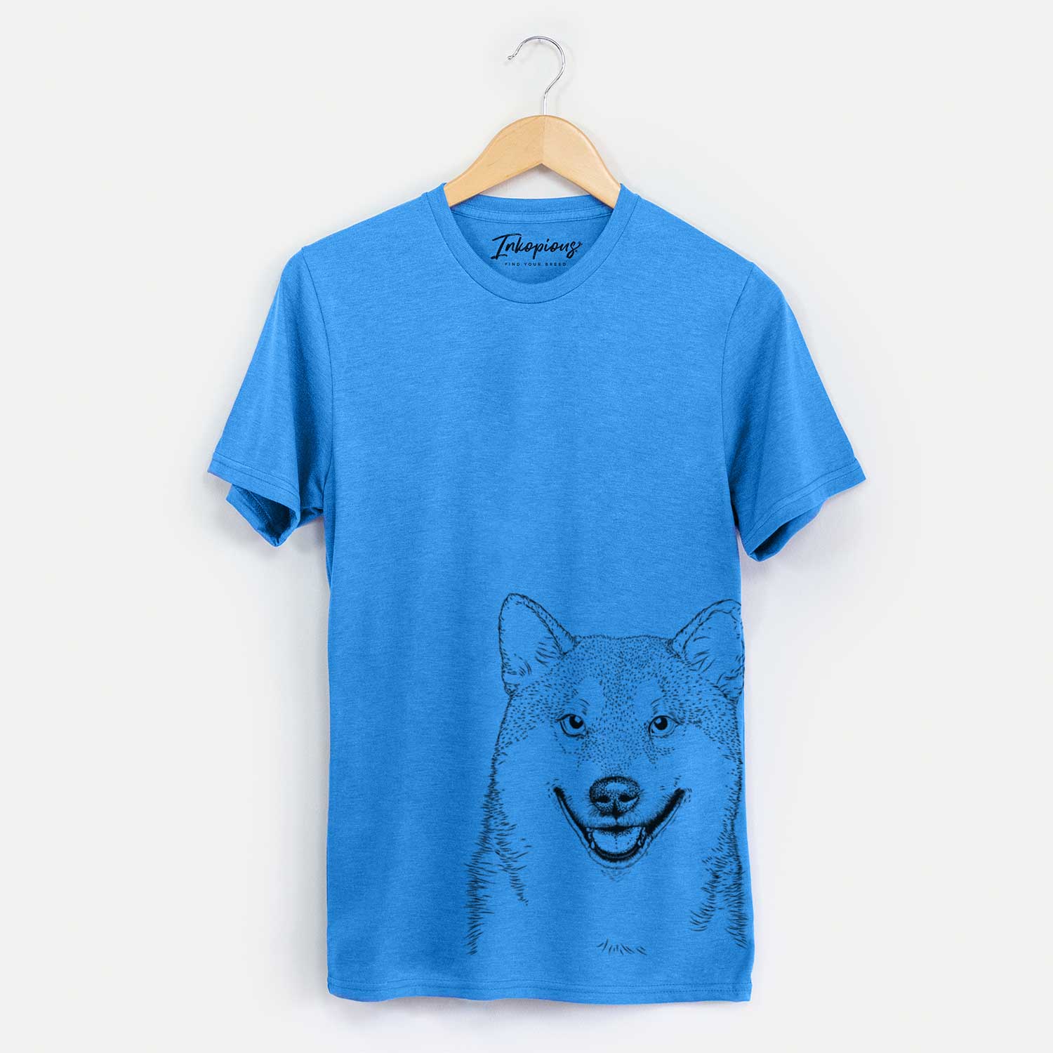 Hand-drawn sketch of Mitsu the Shiba Inu on a Blue Unisex crewneck