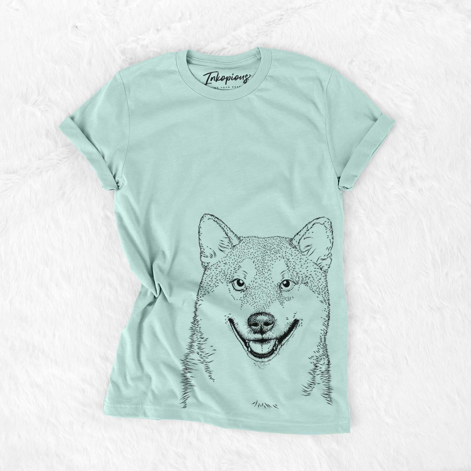 Hand-drawn sketch of Mitsu the Shiba Inu on a Heather Sage Bella Canvas Unisex Crewneck