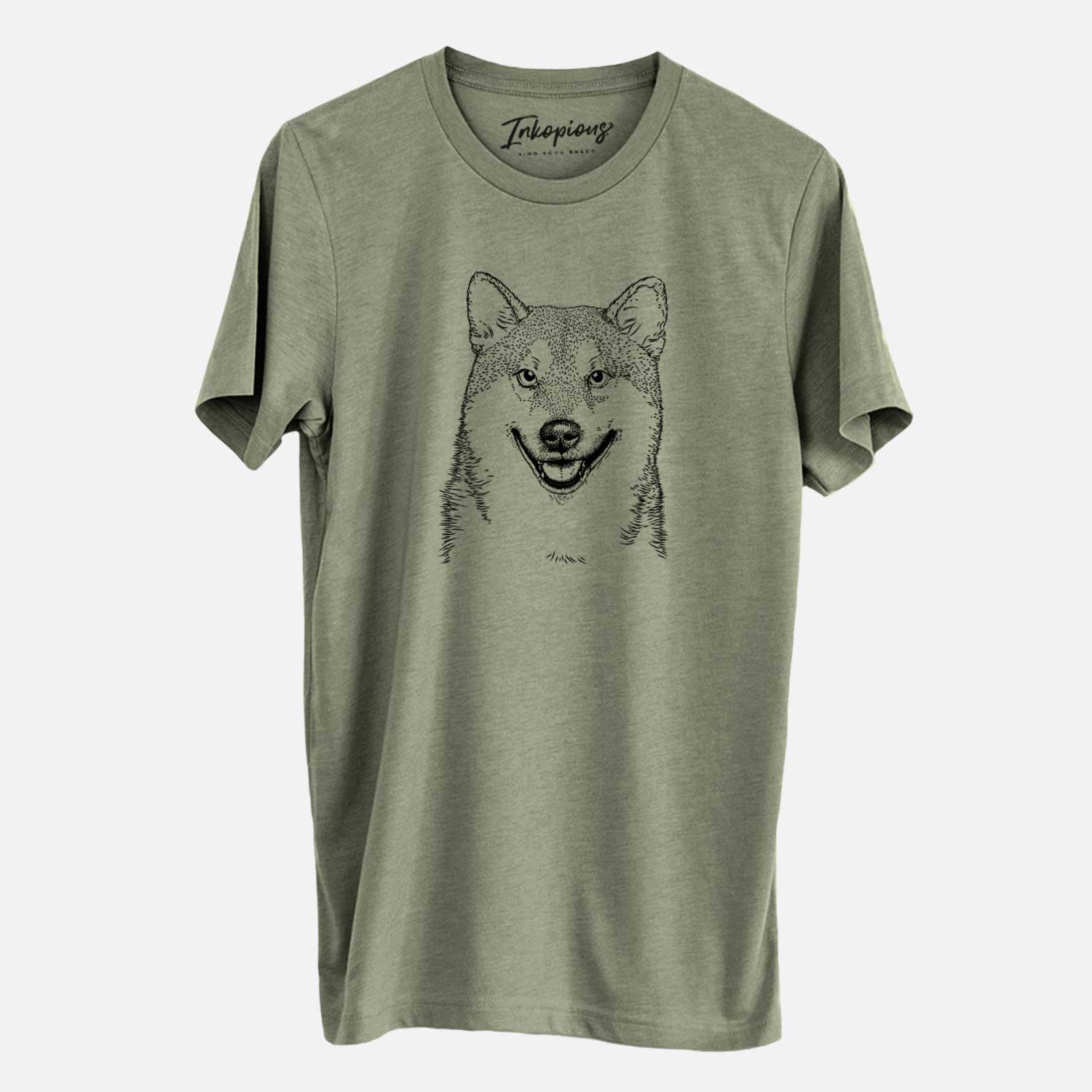 Hand-drawn sketch of Mitsu the Shiba Inu on an Olive Unisex crewneck