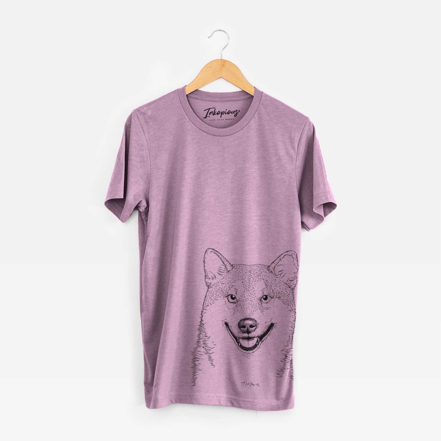 Hand-drawn sketch of Mitsu the Shiba Inu on an Orchid Unisex crewneck