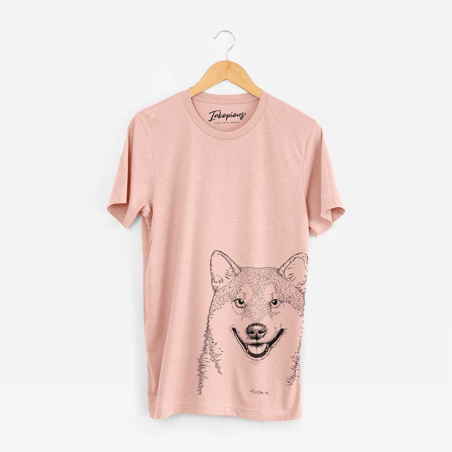 Hand-drawn sketch of Mitsu the Shiba Inu on a Peach Bella Canvas Unisex Crewneck