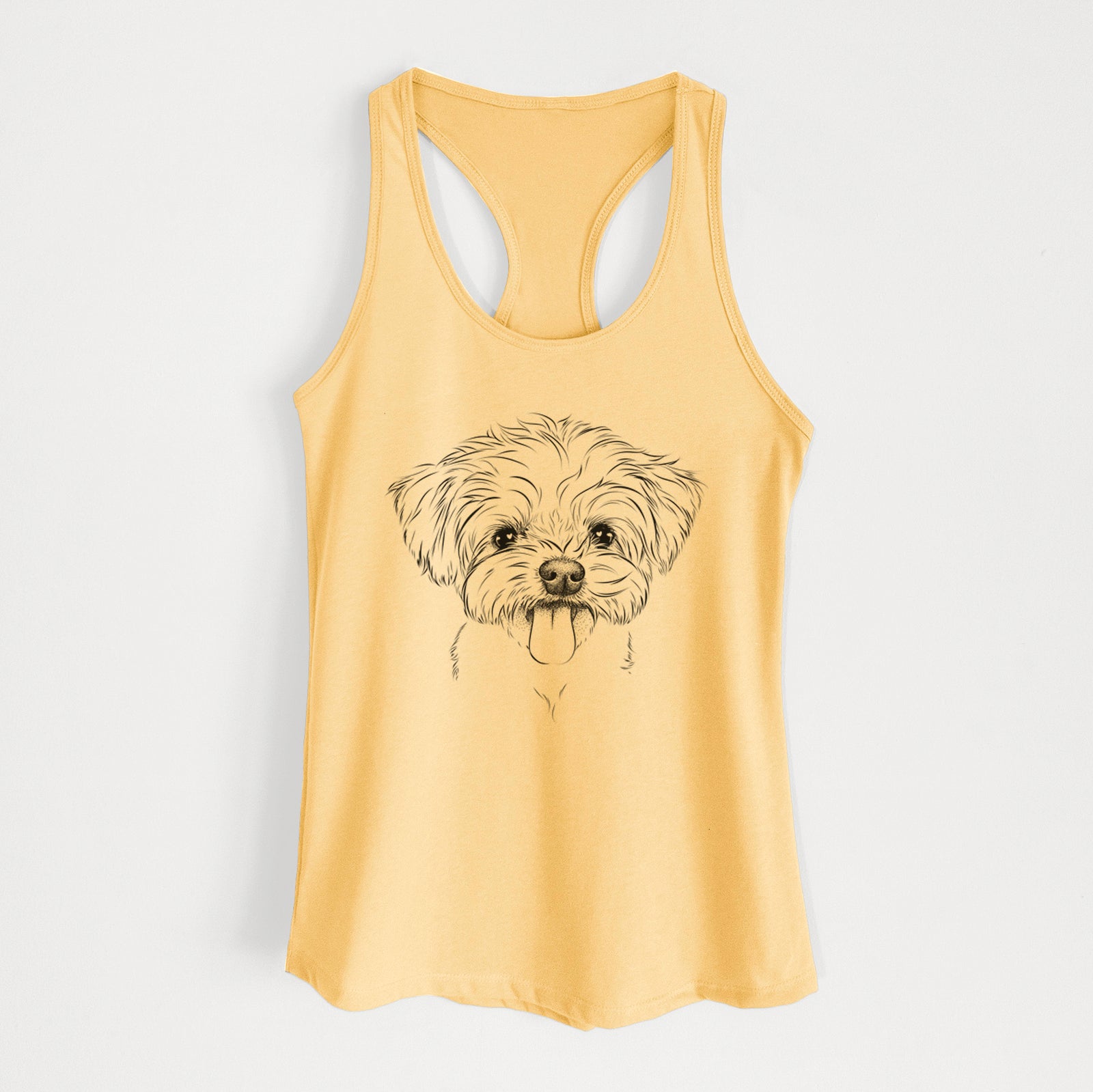 Hand-drawn sketch of Mochi the Maltese on a Banana Cream Women's racerback tanktop