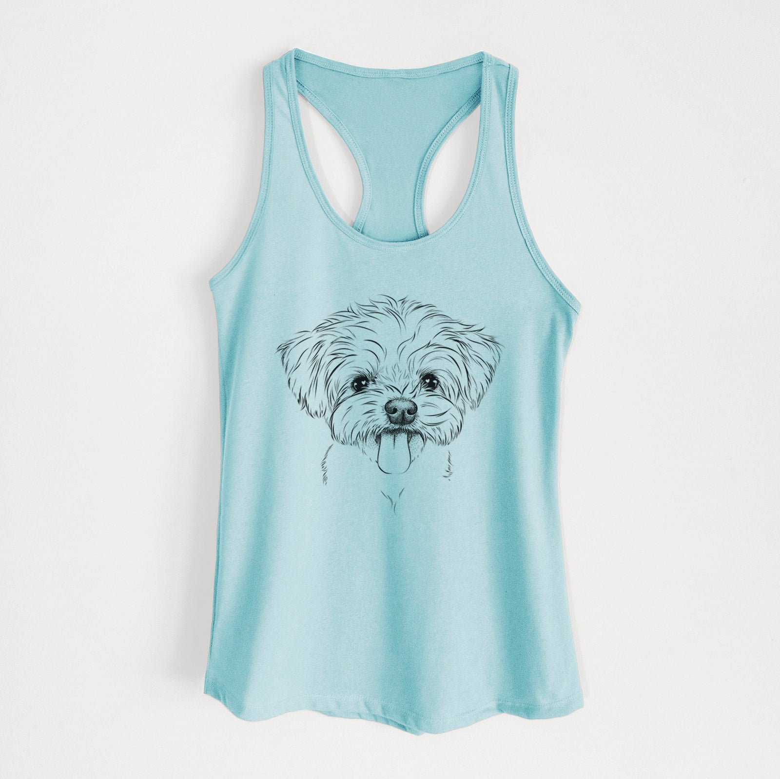 Hand-drawn sketch of Mochi the Maltese on a Cancun Blue Women's racerback tanktop