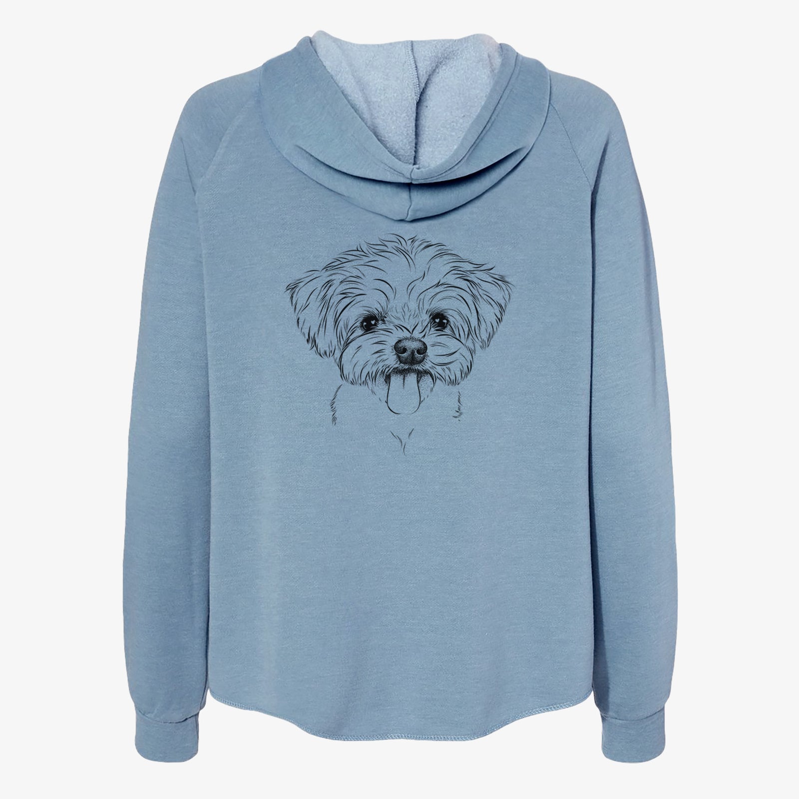 Hand-drawn sketch of Mochi the Maltese on a Misty Blue Women's cali wave zip-up sweatshirt