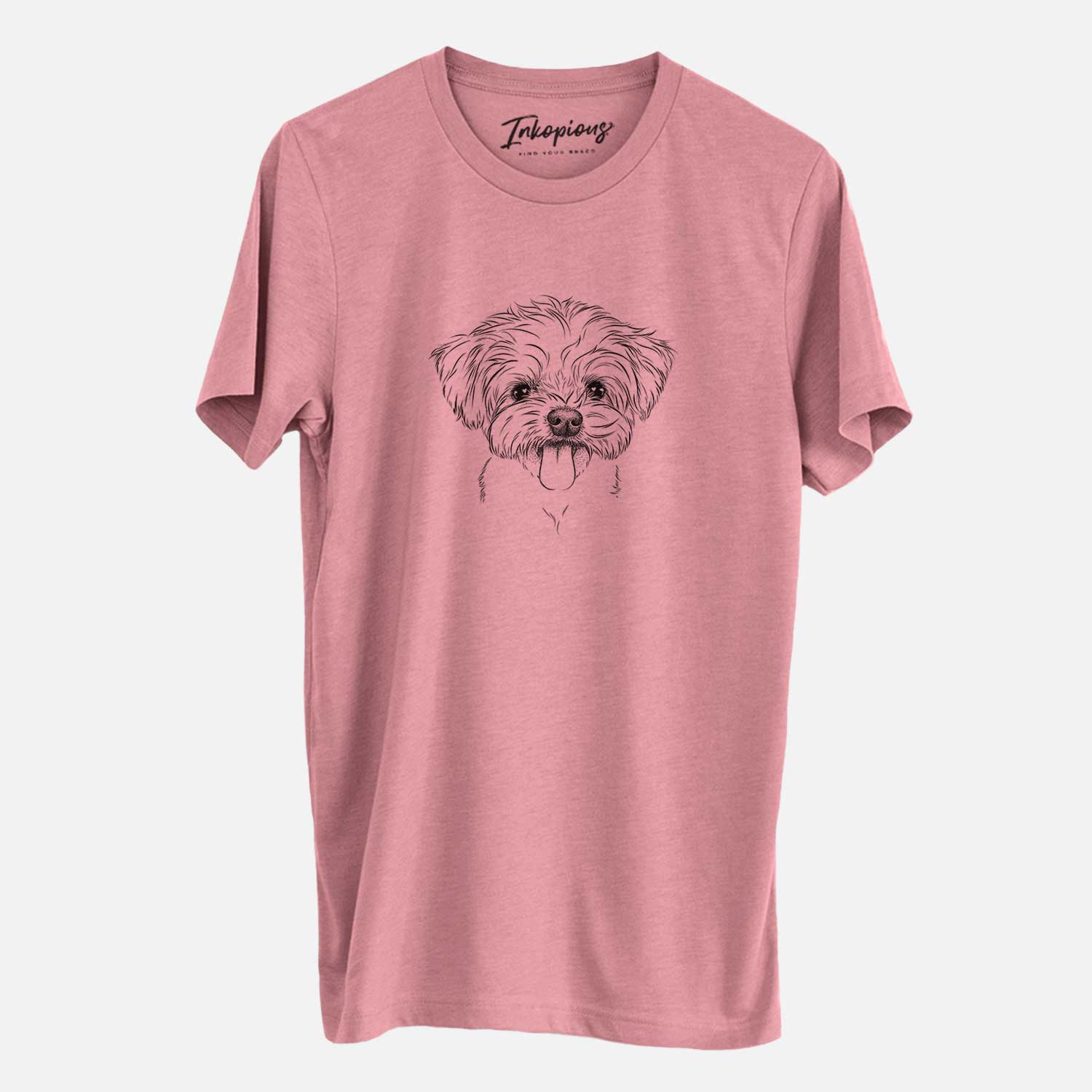 Hand-drawn sketch of Mochi the Maltese on a Mauve Unisex crewneck