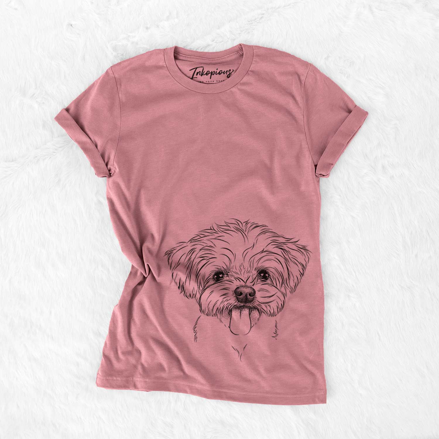 Hand-drawn sketch of Mochi the Maltese on a Mauve Unisex crewneck