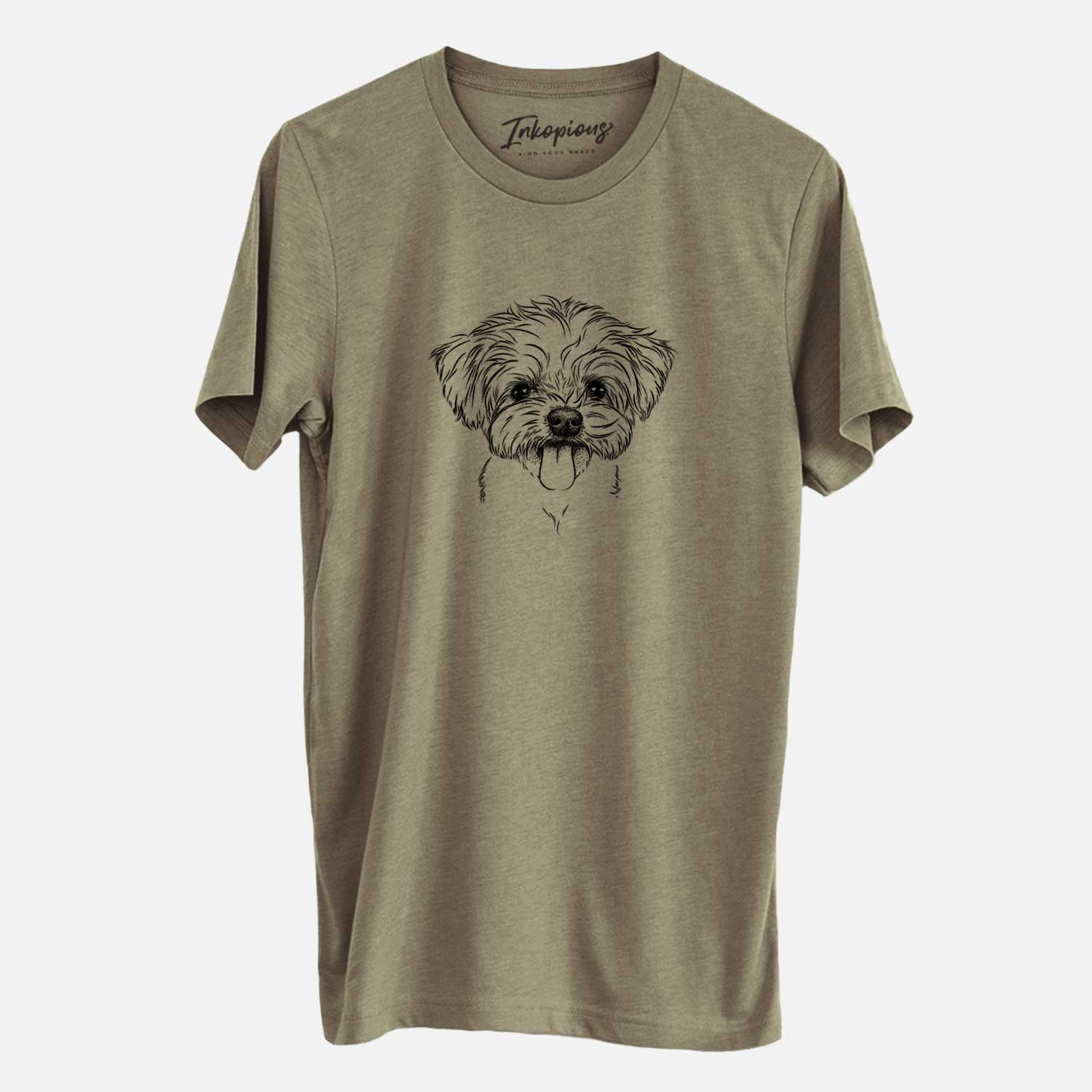 Hand-drawn sketch of Mochi the Maltese on an Olive Unisex crewneck